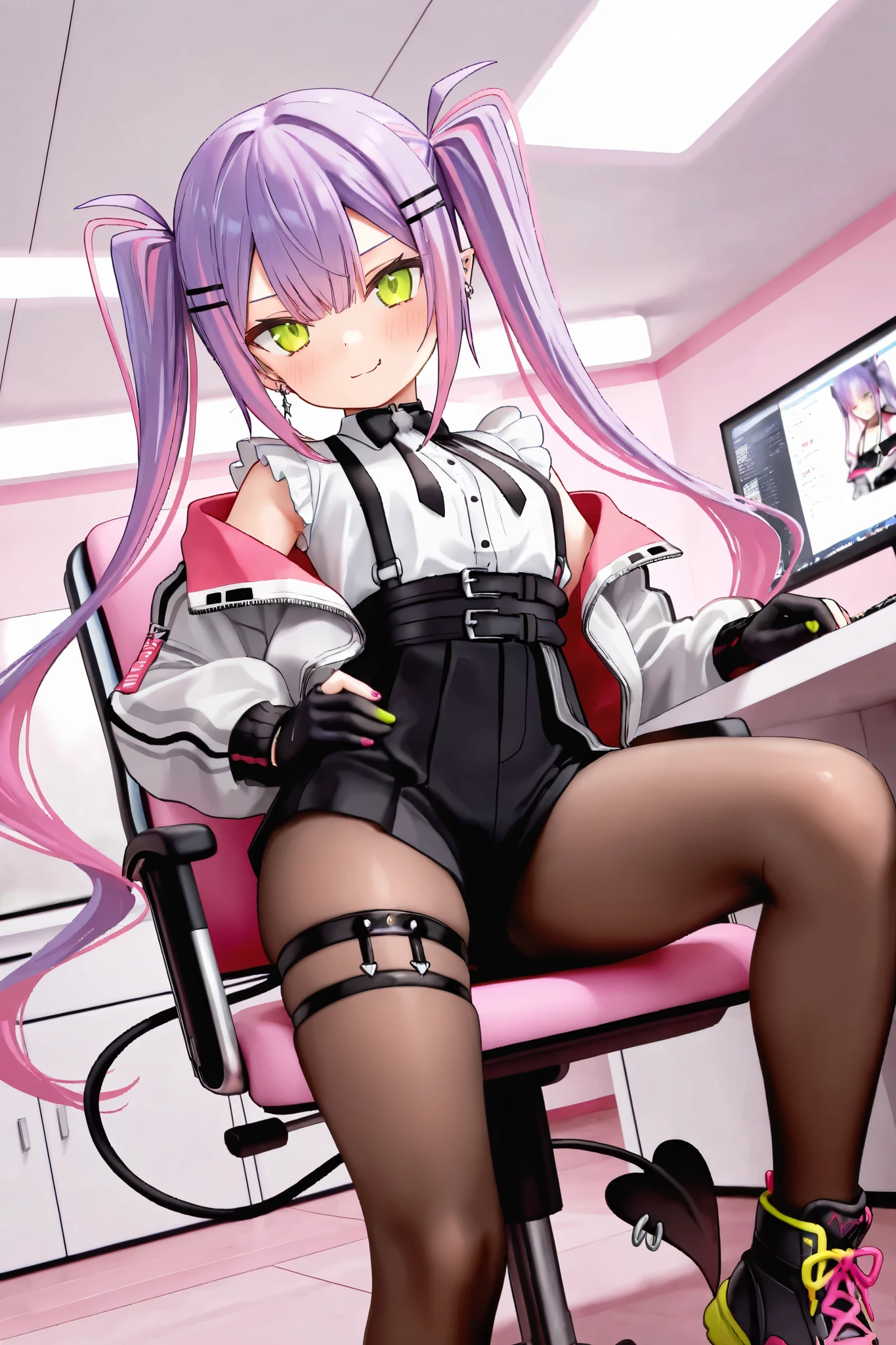 Pink Long Hair,Sexy uniform set,black pantyhoses,black lence stockings,without wearing shoes,sitting on office chair
