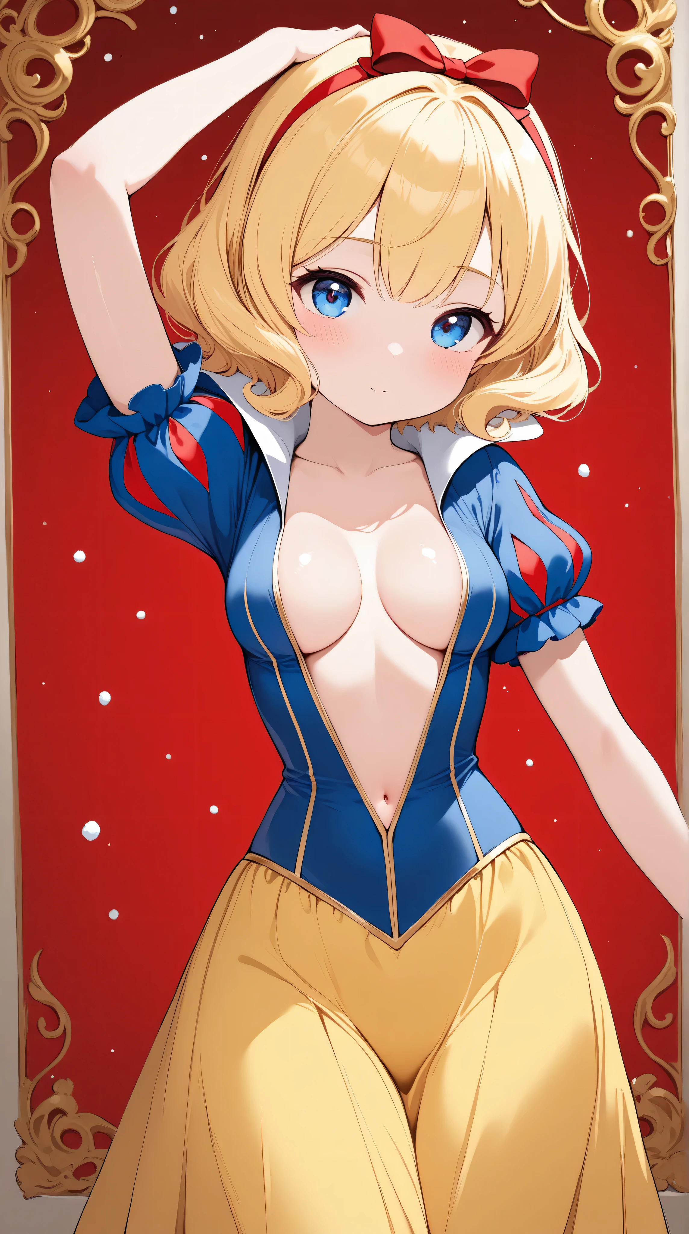 Kizi,Highly detailed, Amazing work,Vitreous luster,((clean backdrop)),blues, reds, golds,Best quality at best,clean backdrop, shiny skin, plunging neckline, snow white, perfect breasts, cleavage, red background, blue background, gold background,
