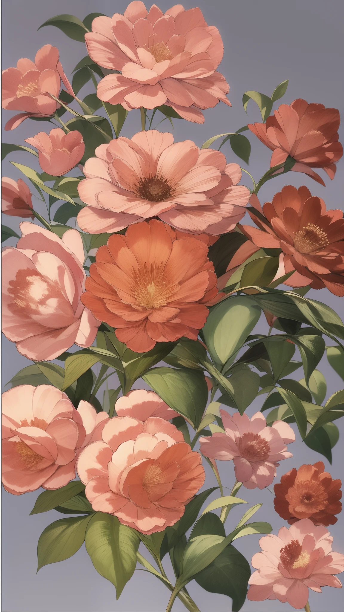 Generate a drawing,The ratio of width to height is 3 to 4,Realistic style,The picture is covered with many flowers,The branches and leaves below can be faintly seen between the flowers,The flowers contain red roses and some other varieties of flowers and greenery,The flowers in the picture contain 5 different varieties,The flowers in the picture contain at least 5 different colors。