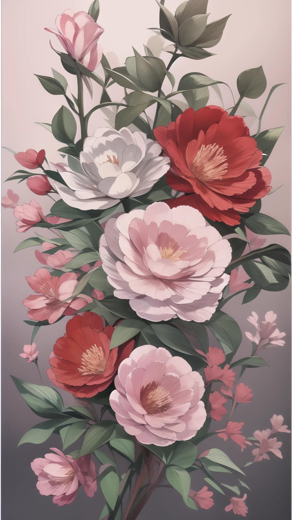 Generate a drawing,The ratio of width to height is 3 to 4,Realistic style,The picture is covered with many flowers,The branches and leaves below can be faintly seen between the flowers,The flowers contain red roses and some other varieties of flowers and greenery,The flowers in the picture contain 5 different varieties,The flowers in the picture contain at least 5 different colors。