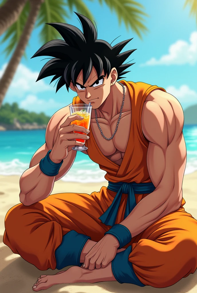 A wide, lush clearing on an unknown planet, surrounded by tall trees with vibrant leaves reflecting the alien sunlight. In the sky, two twin suns shine brightly, tinting the horizon in shades of gold and orange. In the background, majestic mountains rise, their slopes covered in exotic vegetation.
Characters:
Goku: Dressed in his classic orange and blue gi, barefoot, laughing loudly. His spiky black hair and warm aura exude a sense of pure joy. He is holding a large metal mug filled with a foamy alien beverage, about to make a toast.
Vegeta: Wearing his blue and white battle armor, with a slightly serious expression but a discreet smile on his lips. His arms are crossed over his chest, and he is leaning against a large rock, watching the party with an approving look.
Broly: Imposing and muscular, wearing his Saiyan warrior outfit with a billowing red cape. He is in a relaxed position, sitting on a tree trunk while devouring a large piece of alien meat. His expression is one of contentment and amusement.