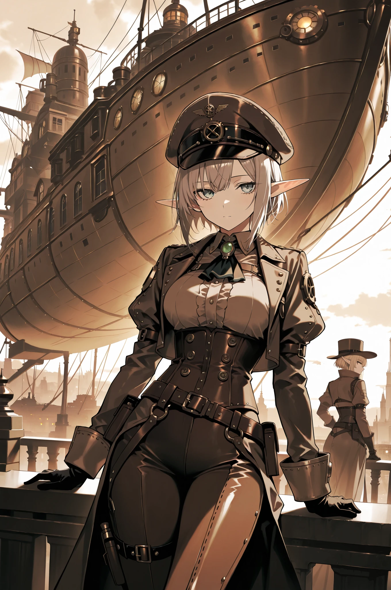 Sophisticated elf woman, ladies hat, steampunk suit, airship, muted colors, sepia filter,masterpiece, best quality, amazing quality, very aesthetic, absurdres, newest, highly detailed,high-resolution,