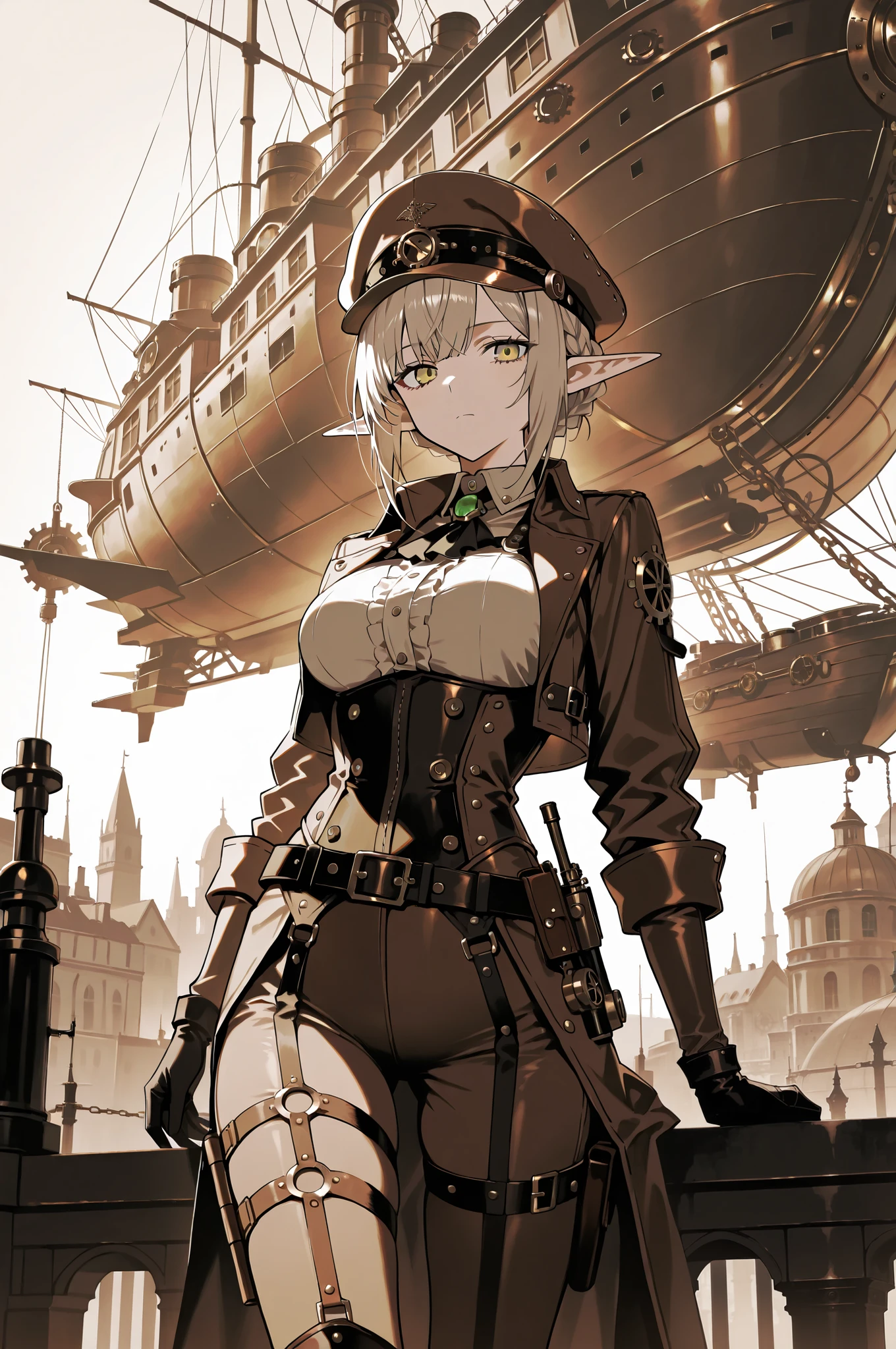 Sophisticated elf woman, ladies hat, steampunk suit, airship, muted colors, sepia filter,masterpiece, best quality, amazing quality, very aesthetic, absurdres, newest, highly detailed,high-resolution,
