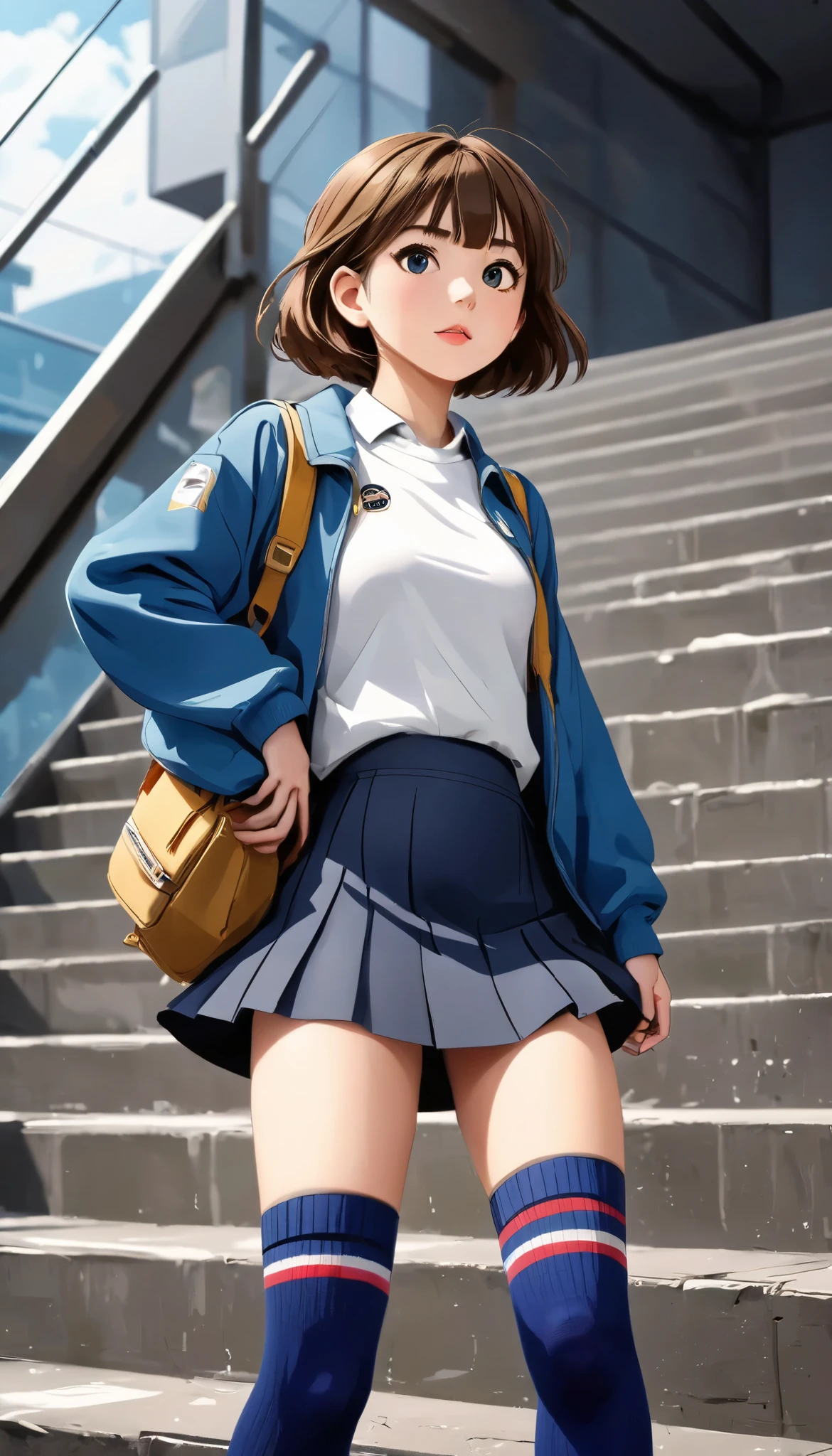 (( )), (( masterpiece)), ( High resolution), 8K, Best Tone , The best natural light, cinematic dust , High school student climbing the stairs 、20 years, ( brown hair)、 looking back , shy、 navy blue jacket 、navy blue skirt、(dark blue socks)、(( back view))、 Angled from directly below the back , (( seen from below ))、dark blue socksのクローズアップ、 Arrangement of the sleeve panels 、 Cartoon style 、Sleeve design、 Station stairs 、On the way to school, A skirt that moves with the wind, Elegant white panties hidden under a skirt , slim body , beautiful thighs, embarrassed expression