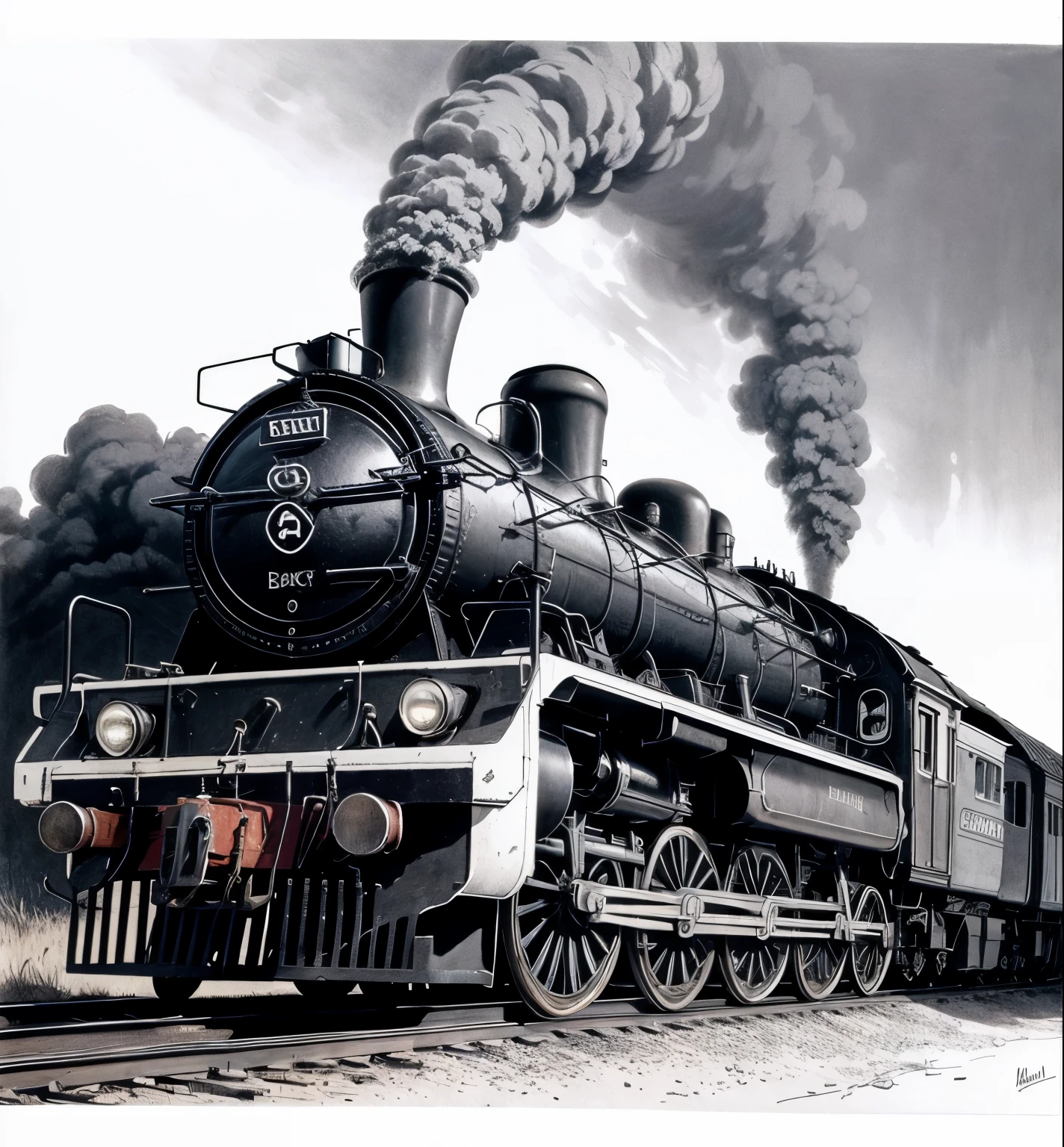 drawing of a train engine with smoke coming out of it, by Roy Newell, illustration in pen and ink, pen and ink painting, highly detailed ink illustration, pen & ink drawing, pen and ink drawing, pen and ink style, gothic locomotive, pen and ink drawings, pen and ink illustration, locomotive, inspired by Harvey Dunn, pen and ink