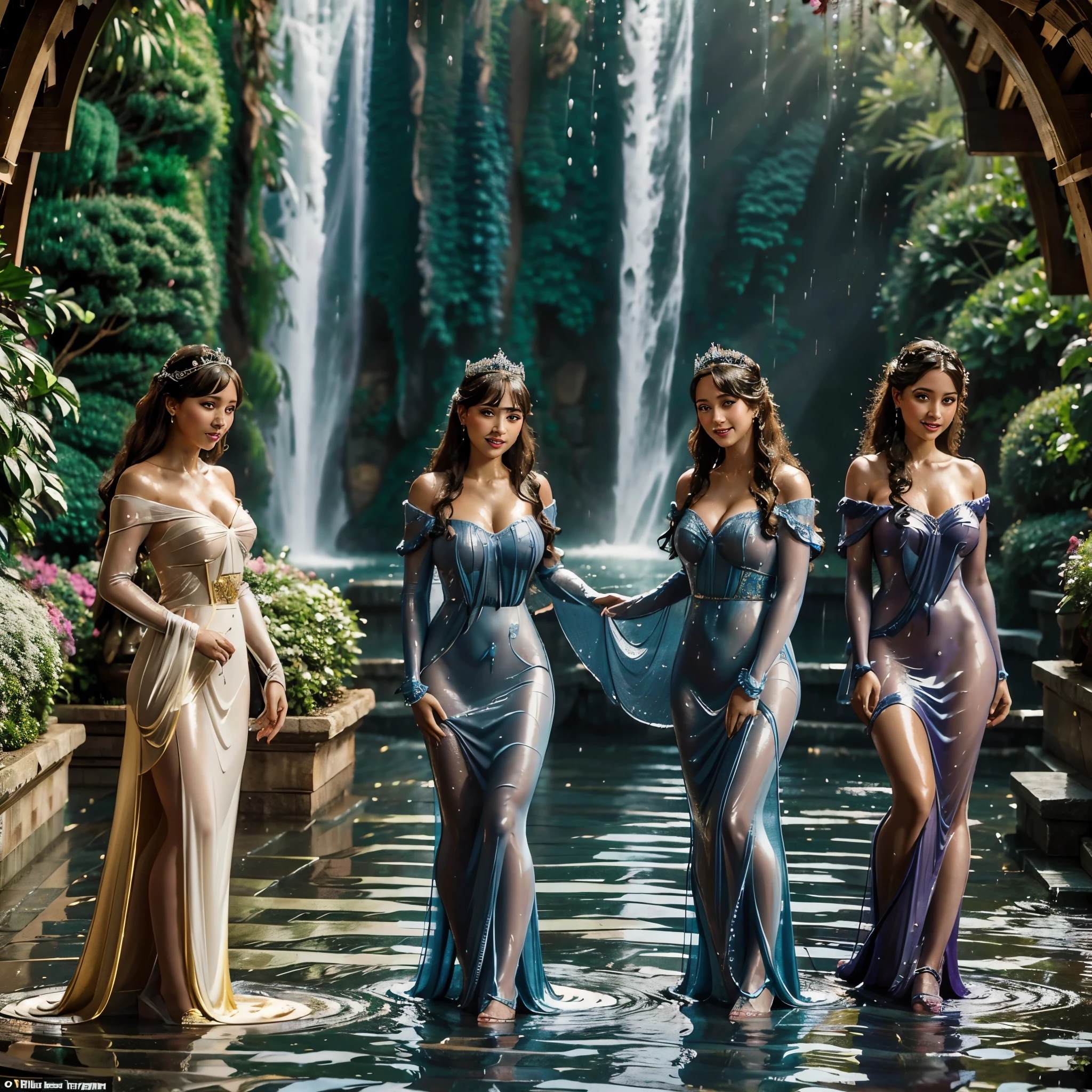  The 28-year-old beautiful, happy and easy-going 、 The princesses have realistic faces and natural eyes ,  The princesses are long From their hair and colorful long dresses, the 、 they kiss each other affectionately , Heavy rain ,  The full body of the two drenched medieval princesses 、 A lot of water is dripping ,  princesses are highlighted by water drops 、 they clearly have wet skin ,  Remarkable effects such as lots of drops of water and excessive shine 、 princesses stand right under a waterfall in a picturesque deep river, vividly showing how wet the {x} princesses' dresses were over a wide area,  The princesses wear elaborate jewels ,  The princesses have realistic faces and natural eyes 