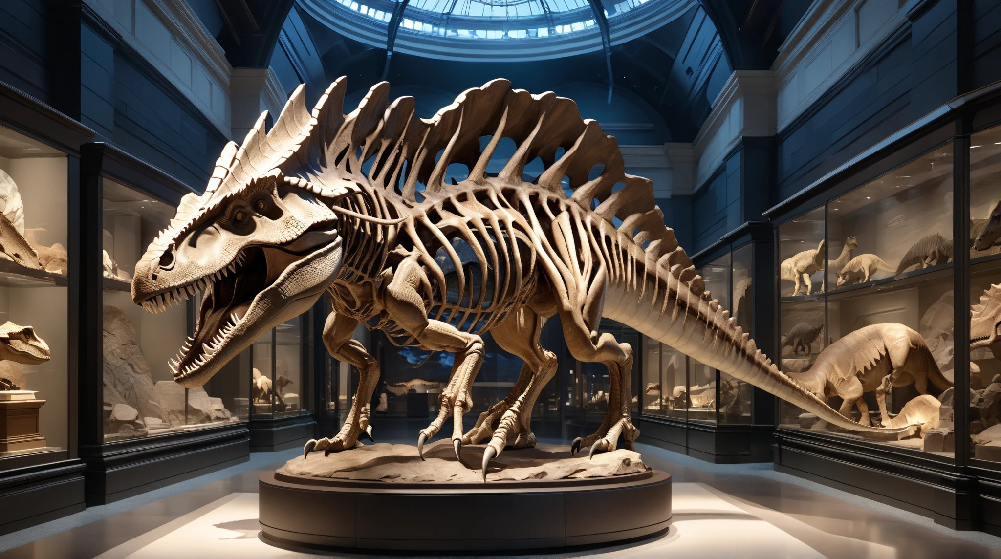 asymmetrical, extreme closeup, indoors museum glass walls, gigantic t-rex dinosaur bones, extreme details, sharp focus, artistic style, 8k hdr, high quality, night,