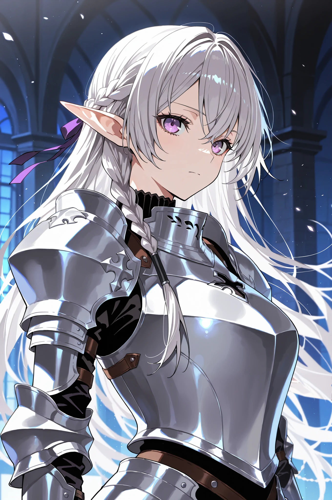 masterpiece, best quality, solo, knight, braids, purple eyes, silver hair, elf princess, armor,masterpiece, best quality, amazing quality, very aesthetic, absurdres, newest, highly detailed,high-resolution,