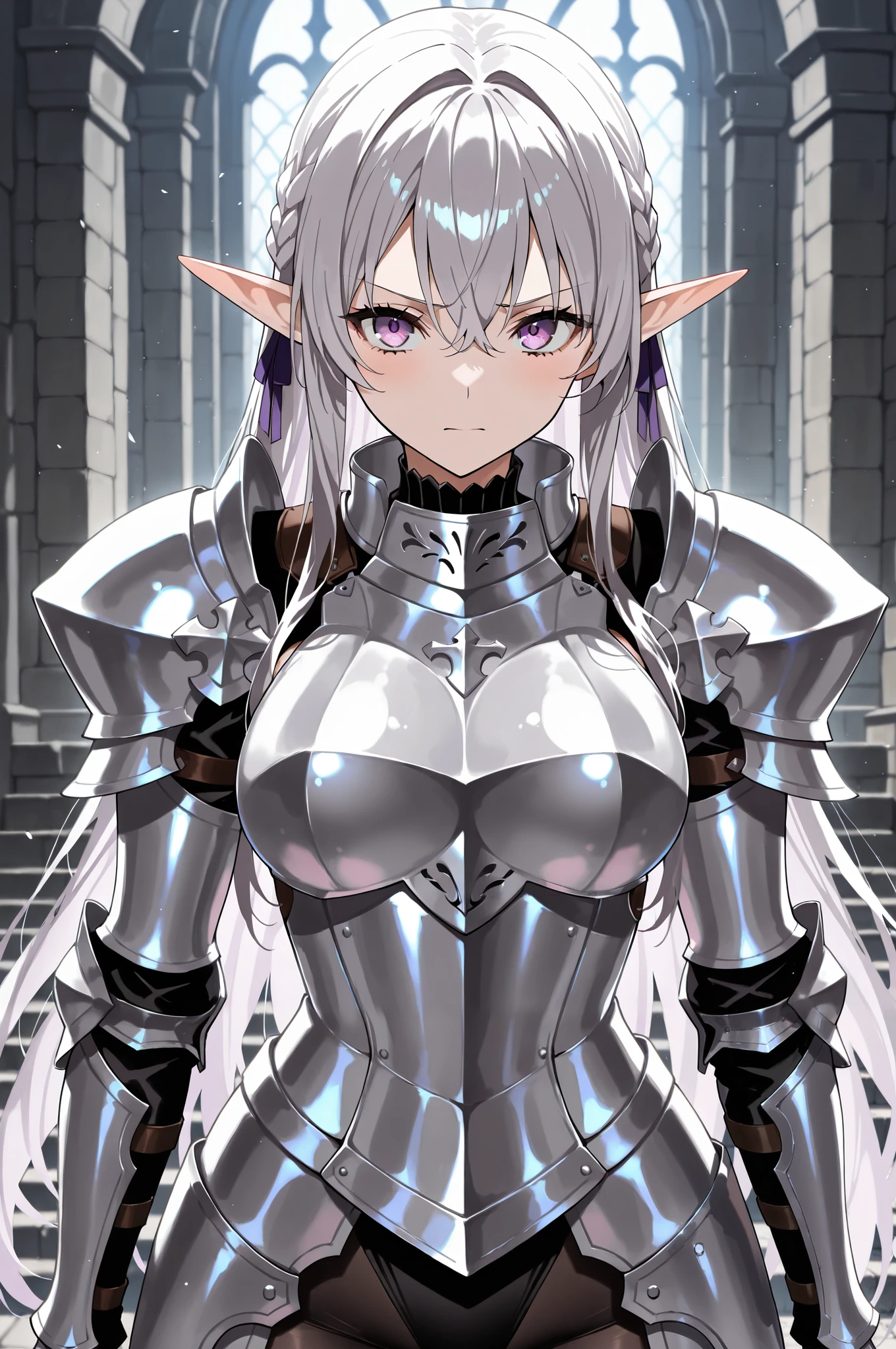 masterpiece, best quality, solo, knight, braids, purple eyes, silver hair, elf princess, armor,masterpiece, best quality, amazing quality, very aesthetic, absurdres, newest, highly detailed,high-resolution,