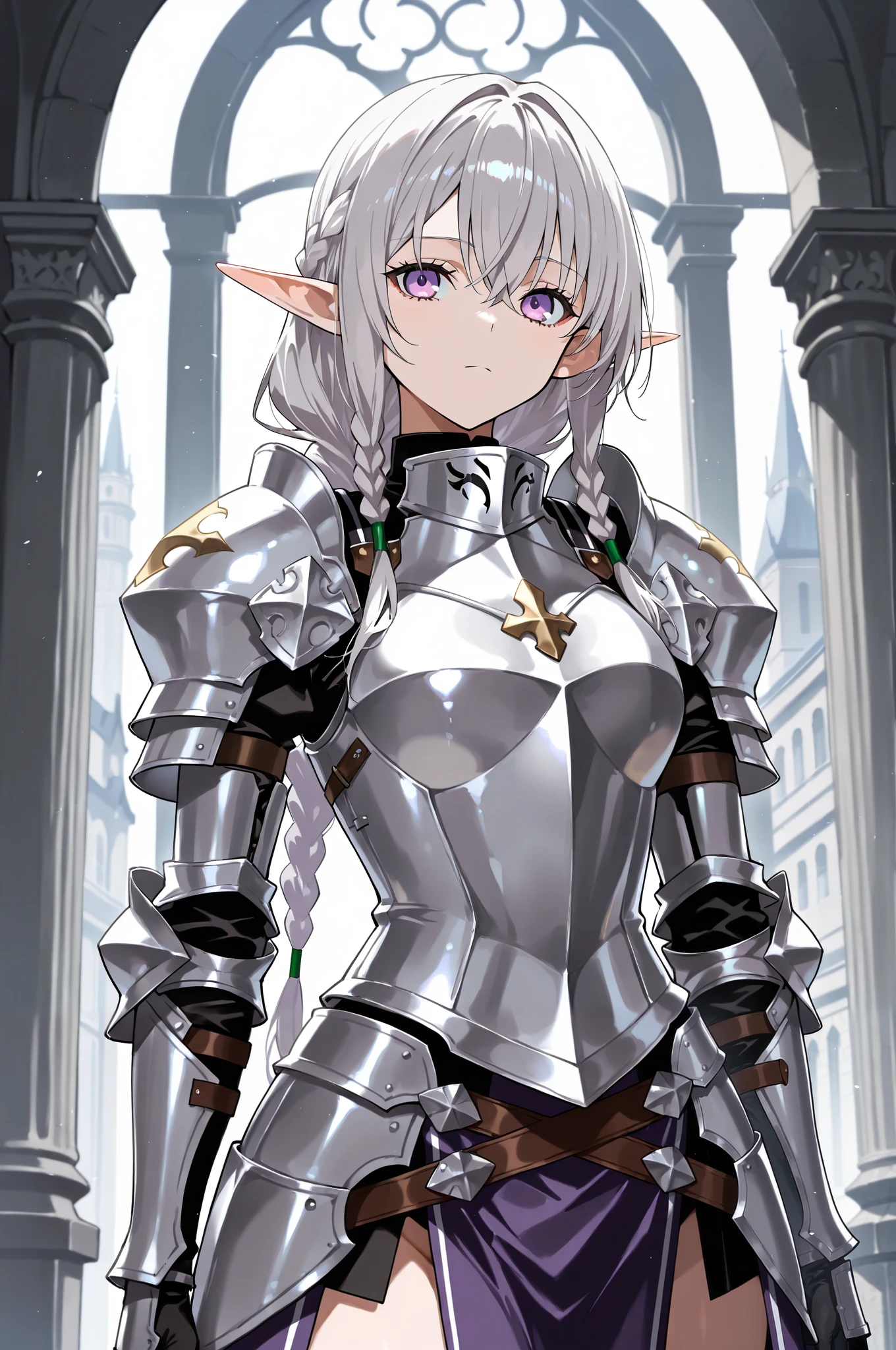masterpiece, best quality, solo, knight, braids, purple eyes, silver hair, elf princess, armor,masterpiece, best quality, amazing quality, very aesthetic, absurdres, newest, highly detailed,high-resolution,