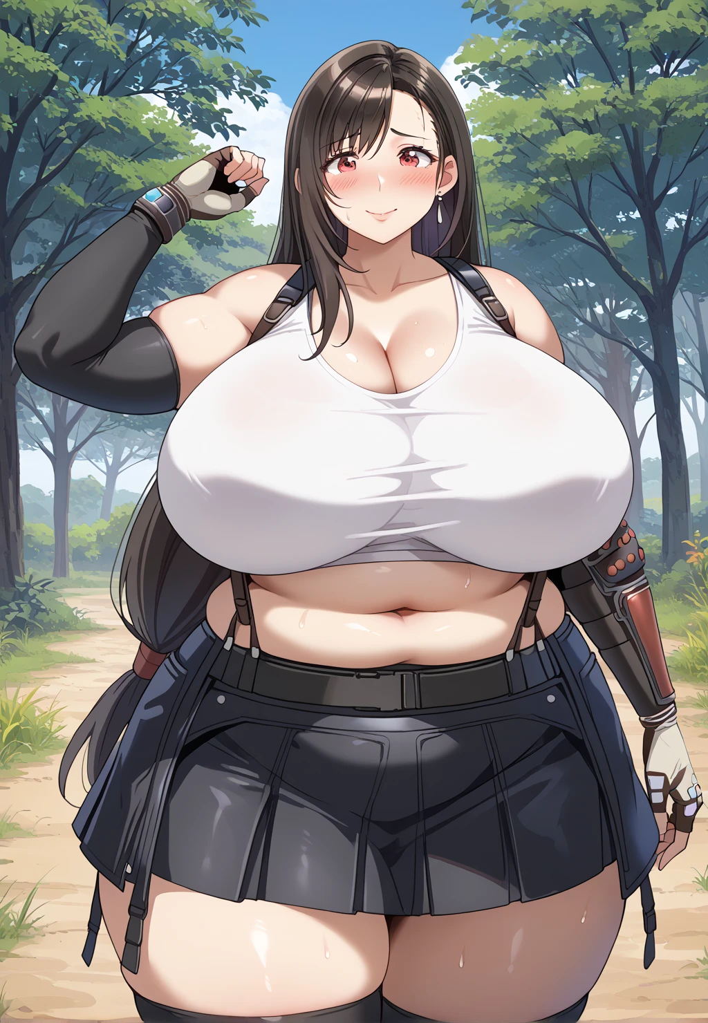 Tifa lockhart,  red eyes,  long hair、Black Hair、 earrings、Sports plastic、 black suspenders、 pleated mini skirt , black thighhighs,  arm guard 、Elbow gloves、 fingerless gloves,Obese middle-aged woman,Severe obesity, Fat face,ssbbw,weight 250kg, troubled expression,embarrassed,A woman with stinky body odor,A woman with smelly armpits ,Showing off armpits,Outdoors, in the woods, score_9,  score_8_ up、 score_7_ up、 score_6_ up、 score_5_ up、 score_4_ up、 Masterpiece、 top quality, A beautiful woman with an obese figure,  absurd、 source_ anime anime screencap,  one woman、Alone、 personal  、Super huge breasts,  super huge clevis、Super huge, Super huge boob,Curvy、 Wide Hips 、 Cowboy Shots