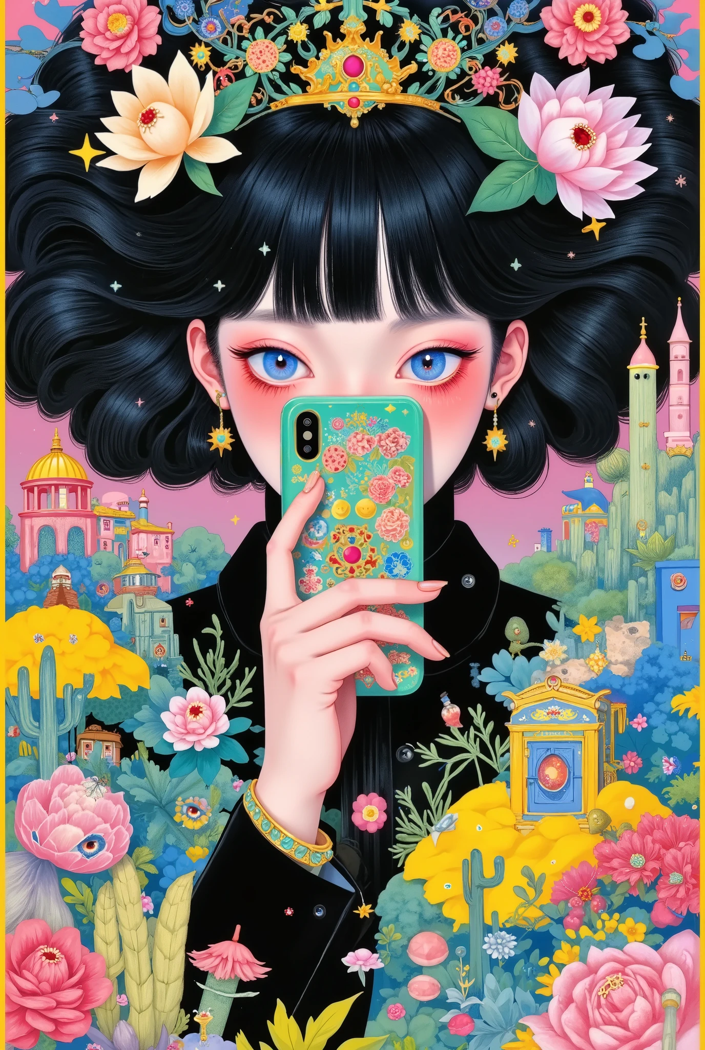 Anime Girl Covering Her Mouth with a Decorated Phone, Decora Style Illustrations , 软萌动漫插画 , Cell Phone Themed Girl , Anime girl holding mobile phone ,Cute aesthetics, baroque dark aesthetic , Anime atmosphere , Anime Aesthetics, Lisa Frank & Murase Sho , 9 0 s Anime Aesthetics, holo sticker , Orange Aesthetics , 90s anime style
