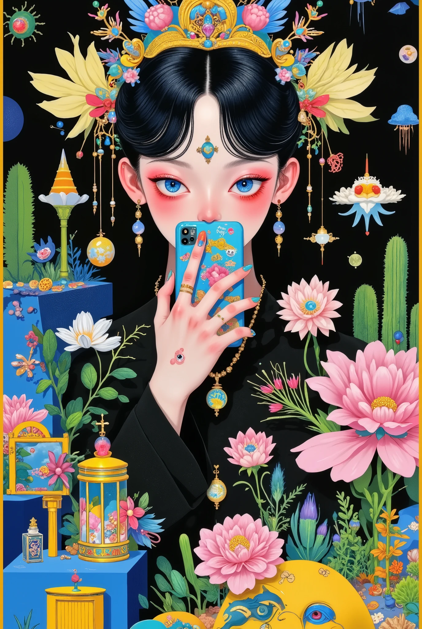 Anime Girl Covering Her Mouth with a Decorated Phone, Decora Style Illustrations , 软萌动漫插画 , Cell Phone Themed Girl , Anime girl holding mobile phone ,Cute aesthetics, baroque dark aesthetic , Anime atmosphere , Anime Aesthetics, Lisa Frank & Murase Sho , 9 0 s Anime Aesthetics, holo sticker , Orange Aesthetics , 90s anime style