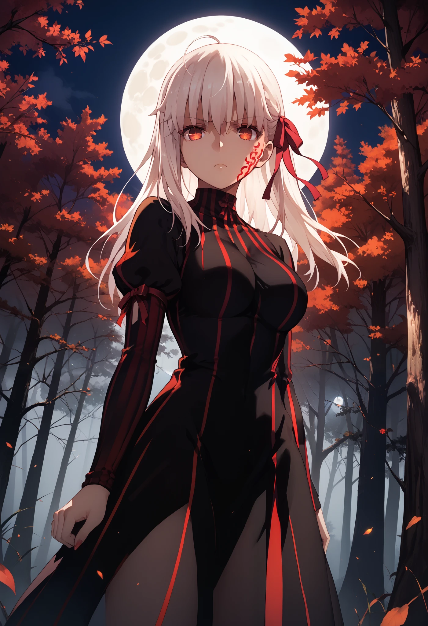 score_9, score_8_up, score_7_up, source_anime,
sakuramatou, <lora:sakura-matou-hf-ponyxl-lora-nochekaiser:1>,
sakura matou, long hair, red eyes, white hair, hair ribbon, empty eyes, dark persona, corruption,
dress, black dress, turtleneck, striped, long sleeves,
outdoors, moon, night, night sky, clouds,
looking at viewer, dutch angle, cowboy shot,