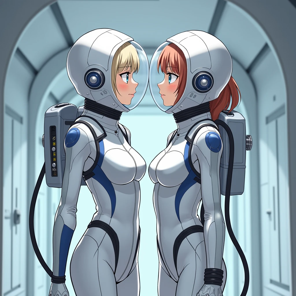 score_9, score_8_up, score_7_up, score_6_up, score_5_up, score_4_up, (source_anime), 2girls, neon genesis evangellion, ((asuka langley soryu, girl, small breasts, {1futa})), (( rei ayanami, small breasts, big ass, Tall stature, giantness)), yuri, Technological place, oral sex, tongue, far, full body