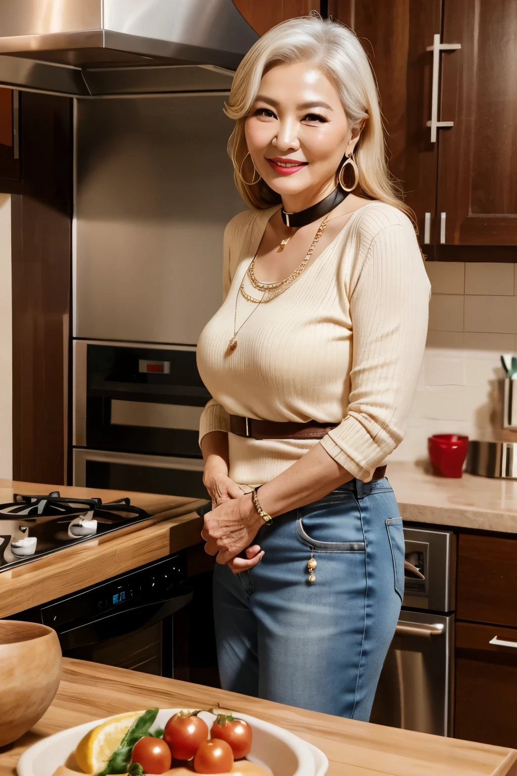 75 years old Mom MILF Korean, Lady large earring Big choker navel piercing decoration A bracelet Silver Hair realisitic Gorgeous Madame Beautiful Mature Woman sexy Smile Gentle woman navel piercing 4K High quality kitchen cooking shirt look back Gorgeous Madame Beautiful Mature Woman