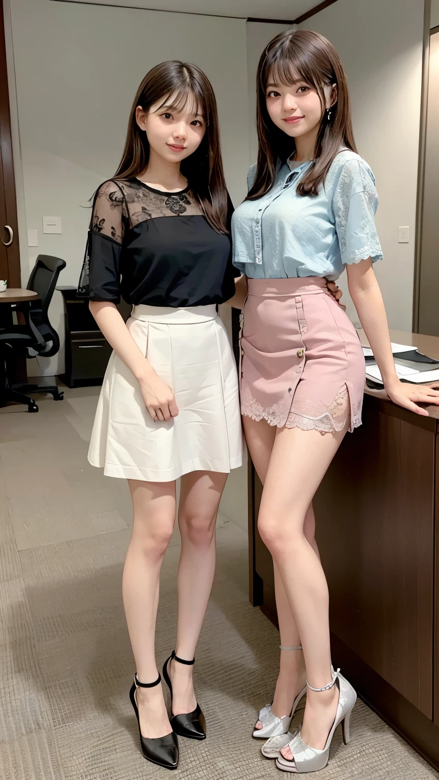 (Highest quality, masterpiece, Photo Real, Super detailed, Ultra-high resolution, born:1.3), (Two women laughing at the camera), beautiful, Japanese, 20-year-old, (mini skirt), (Looking at the camera and laughing with his mouth wide open), high waist, office, (Long legs, High heels, whole body:1.2),(Top view:1.2)