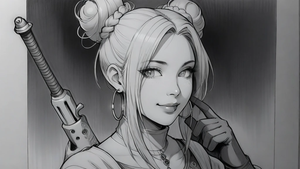 a drawing of a woman with a gun and a cigarette, (hair swept bangs:1.3), drawn in a neo - noir style, loose pencil sketch, professional sketch, pencil and ink manga drawing, drawn in the style of artgerm, anime style character, anime sketch, inspired by senior character artist, sketch art, pencile and ink, line sketch!!, unrealistic character concept, line sketch