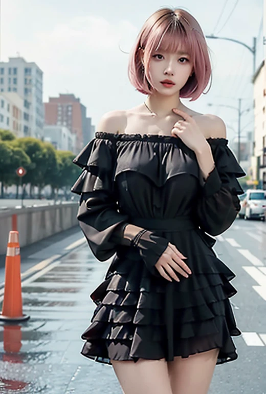 A pink-haired，Gray eye，Black off-the-shoulder skirt lace trim，coliseum background