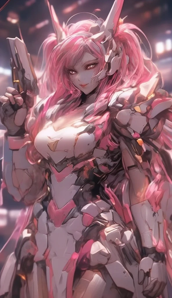 (top-quality、​masterpiece、Ultra-detailed、8K)、1girl in、((Hu Dieren))、Full body、mechs、metalic、Hakama、haori、Metal armor、highleg、a navel、cleavage of the breast、pin heels、nffsw、katanas、hair adornments、deep in the night、On the roof of a building