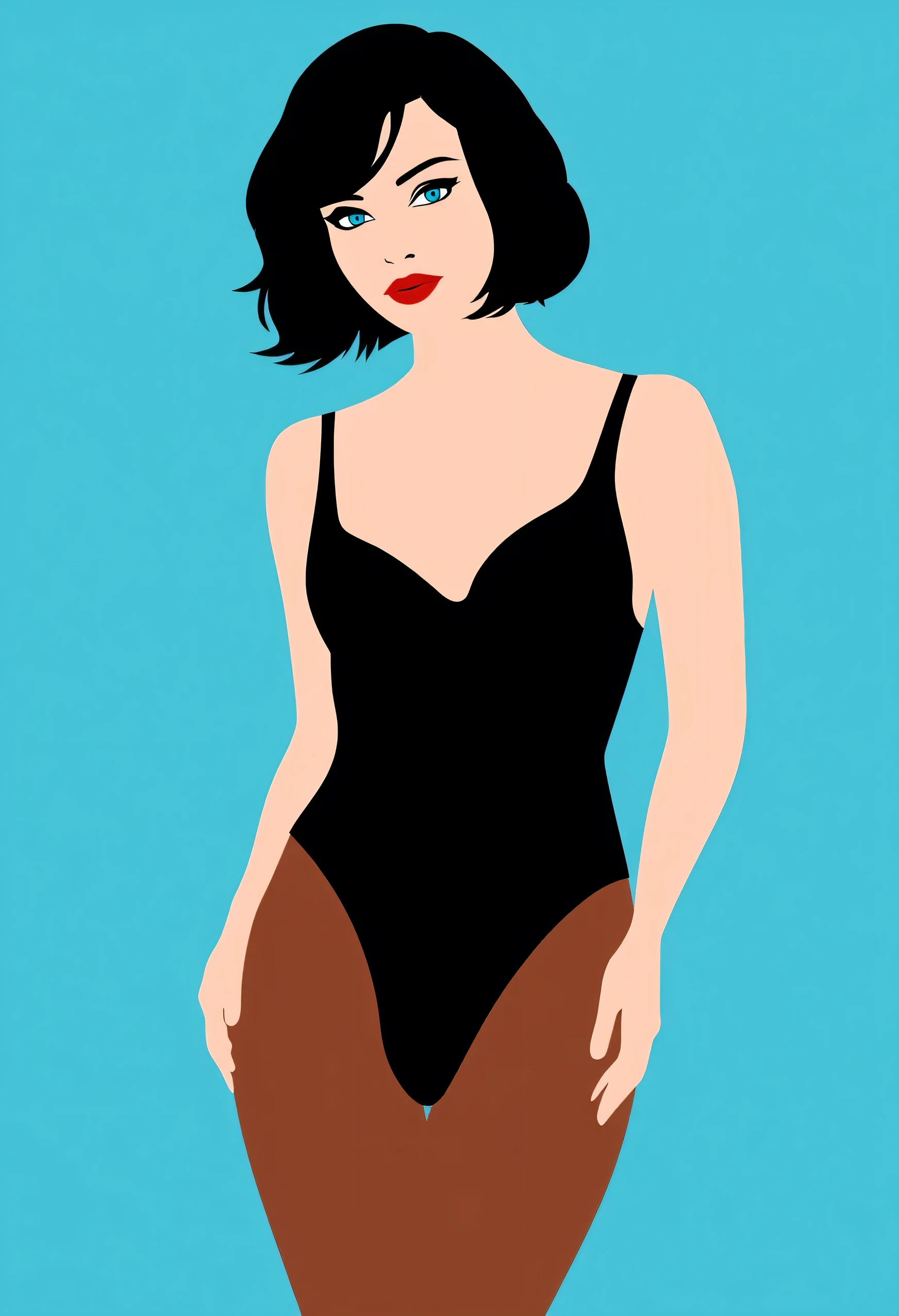 Aesthetically_Pleasant_Pose, 1Woman, Solo, Stencil, close up, A captivating simple Vector art of a black bob hair female wearing a sleeveless black bodysuit, collarbone, with blue eyes, and a red lip, bare shoulders, cleavage, brown pantyhose, blue background. Standing up, it’s a very minimalist simple vector illustration with minimal colors, upper body, looking at viewers, hands on hip,