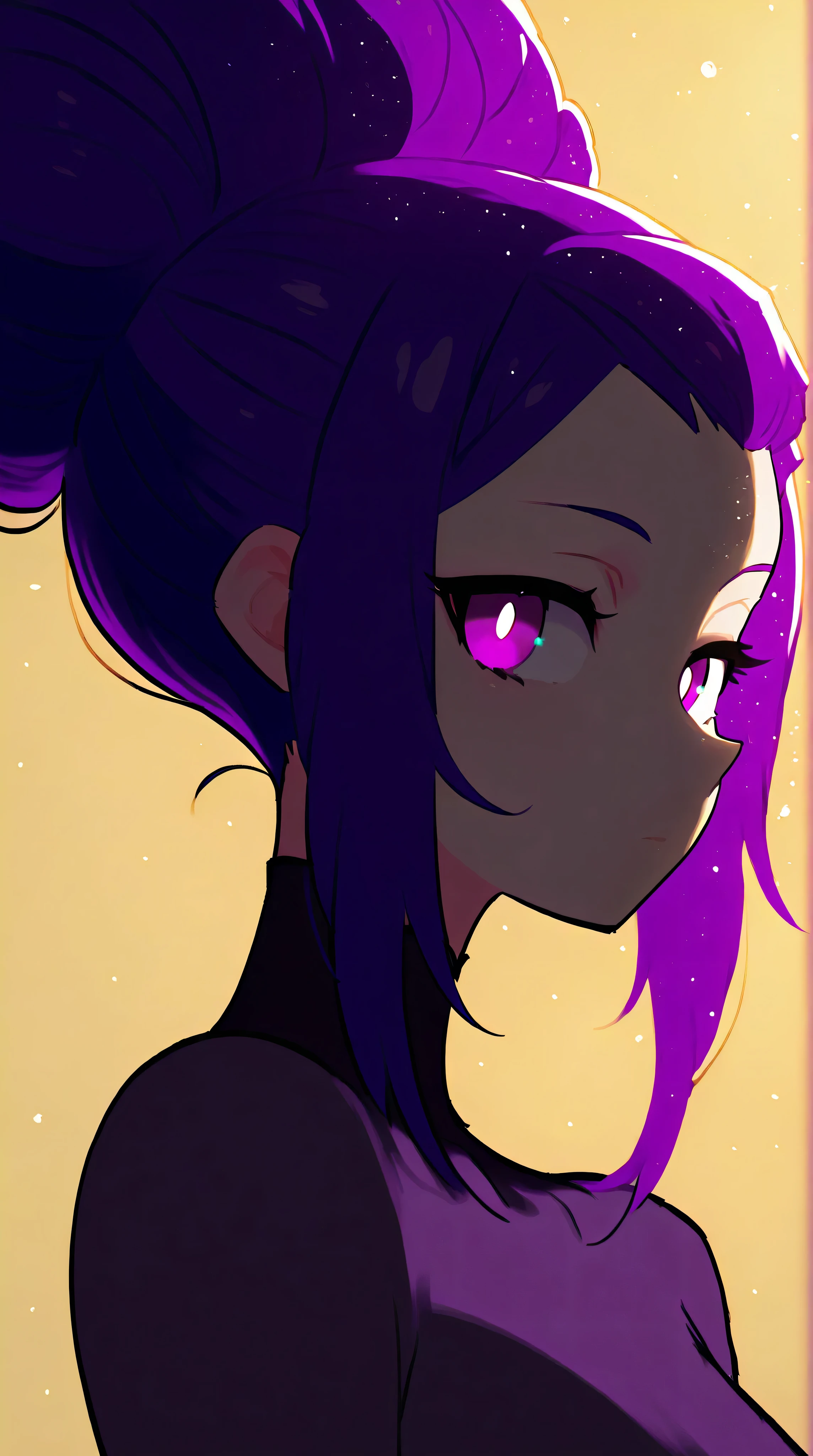 Crimson updo, purple eyes, metallic gold background, backlit, luminescence, ethereal, anime, manga, sexy, sparkles,  Glitter Dust, dynamic shadows, masterpiece, bright colors, Shimmers, clear details, 
