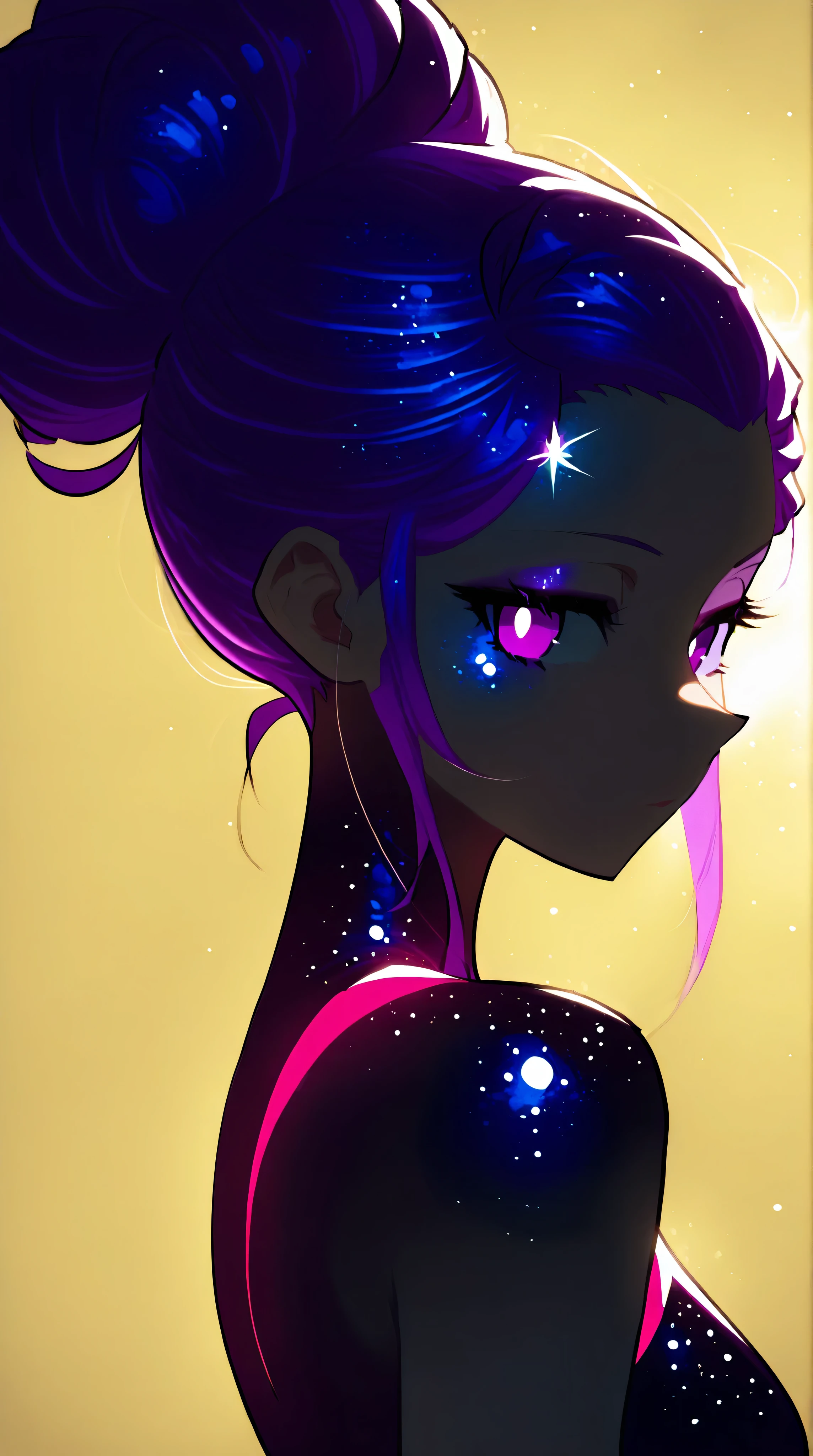 Crimson updo, purple eyes, metallic gold background, backlit, luminescence, ethereal, anime, manga, sexy, sparkles, Glitter Dust, dynamic shadows, masterpiece, bright colors, Shimmers, clear details,