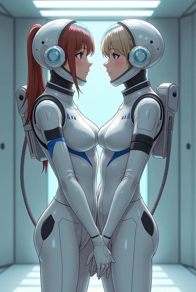 2d anime style art. 2 women standing in the quarters of a space ship, large window into space behind them. To the side is a bed covered in silk sheets. The women look like models, blonde and red hair. The blonde is wearing a skin tight white futuristic flight suit. The red head is naked, with a penis and vagina. Cyberpunk aesthetic. Both sets of clothing have mechanical and electronic connectors. There is a realistic female android stood in the corner. Access ports in the thong and bra. Cyberpunk. Augmented technology, crotch of the thong is glowing. The woman with read hair is lying on the bed and has alien like features but is mainly human. PIctured so you can see the whole room, landscape, wide screen