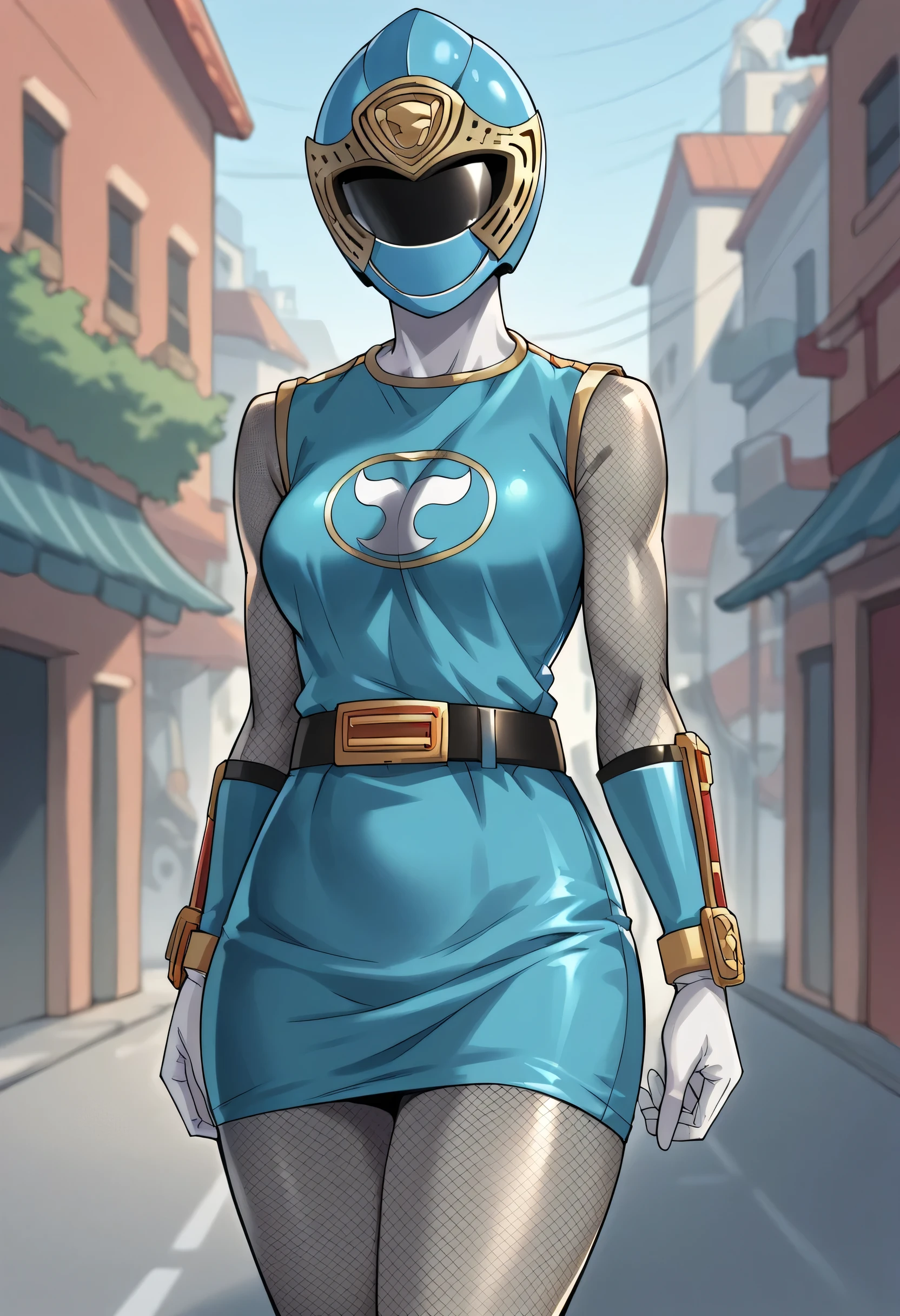 1girl, solo, super sentai, ninja, short dress, sleeveless, fishnets, Fishnet Pantyhose, fishnet armwear, skirt, belt, gloves, helmet, visor, outdoors, city score_9, score_8_up, score_7_up, score_6_up, score_5_up, score_4_up, BREAK source_anime, masterpiece
