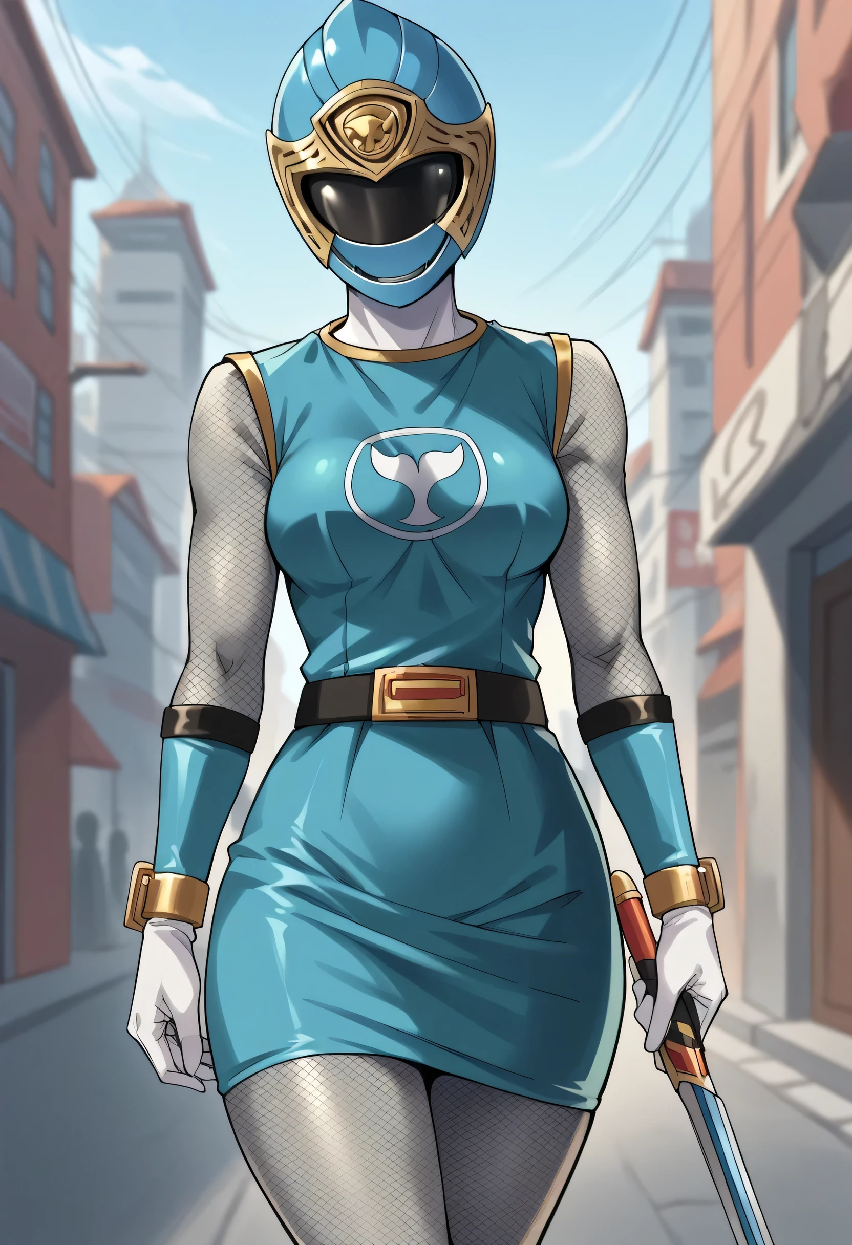 1girl, solo, super sentai, ninja, short dress, sleeveless, fishnets, Fishnet Pantyhose, fishnet armwear, skirt, belt, gloves, helmet, visor, outdoors, city score_9, score_8_up, score_7_up, score_6_up, score_5_up, score_4_up, BREAK source_anime, masterpiece