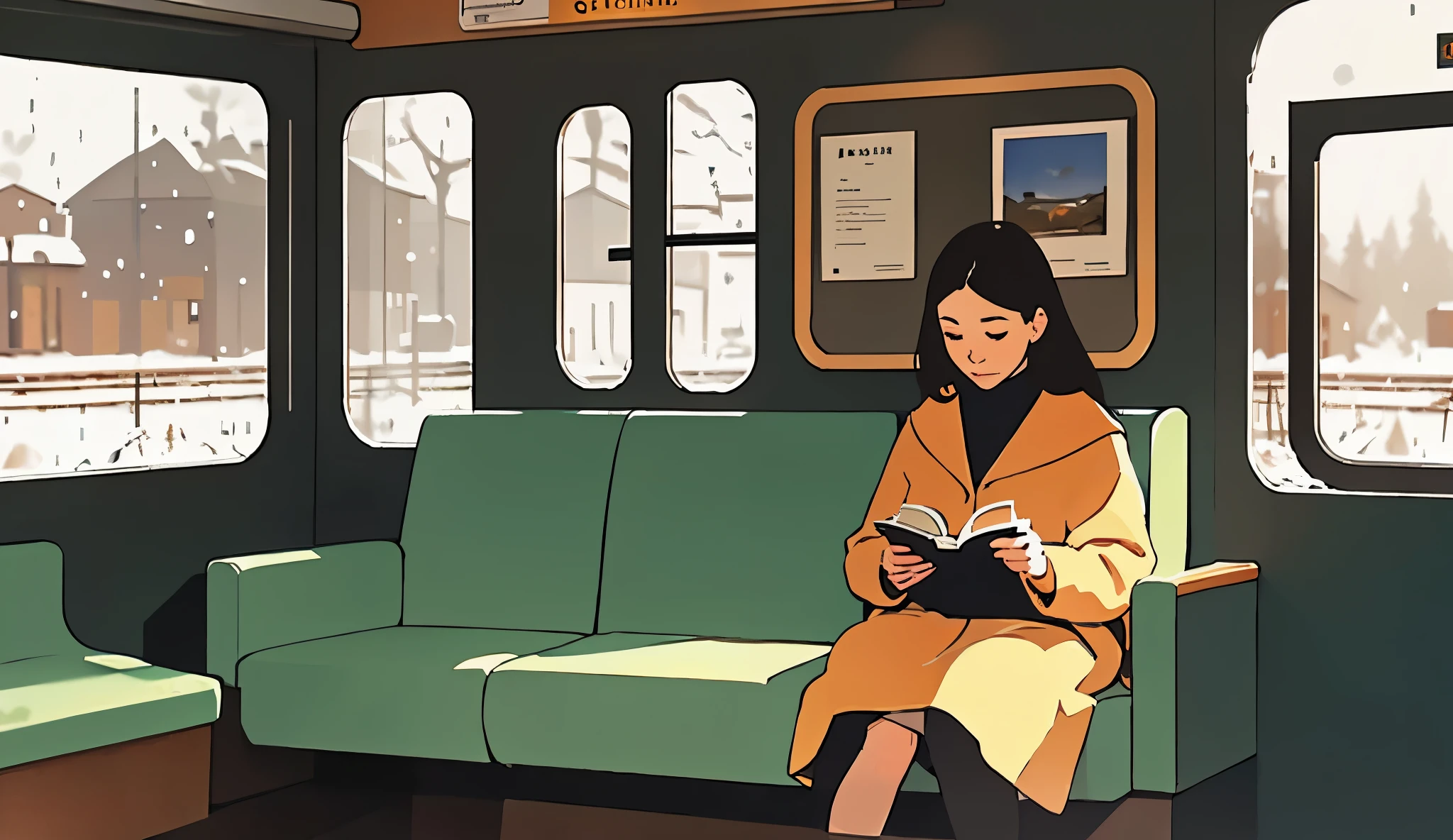 A comfortable train car , with padded seats and windows blurred by the cold . Outside, snowflakes fall softly . A person reads a book while holding a hot drink.