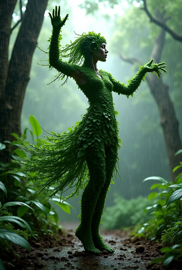 A human like figure made of leaves dancing on a pot, forest rain background
