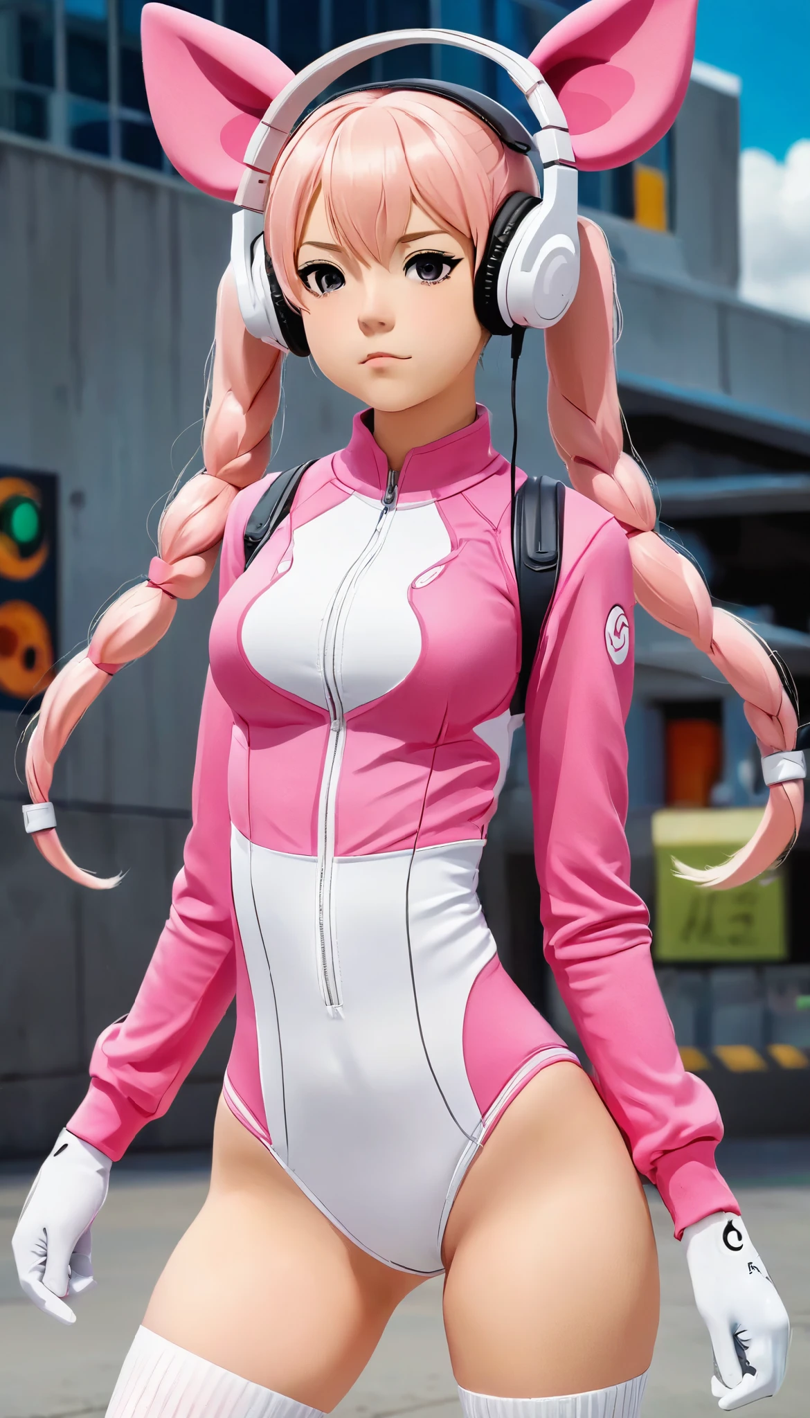 Manga style:1.4, A woman wearing an Alicia , wears a tight pink bodysuit and a short pink jacket with long sleeves and two-tone gloves.., cosplay costume and white socks and white cosplay shoes , She has long hair with two pink pigtails with headphones shaped like animal ears
