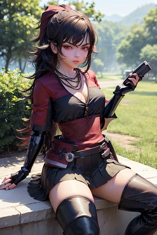 masterpiece, best quality, highres, aki1, izayoi aki, solo, gloves, elbow gloves, breasts, jewelry, cleavage, choker, necklace, black thighhighs, black gloves, large breasts,standing, cowboy shot, outdoors, hand on hip, street, pointing, ((holding Yu-Gi-Oh card))