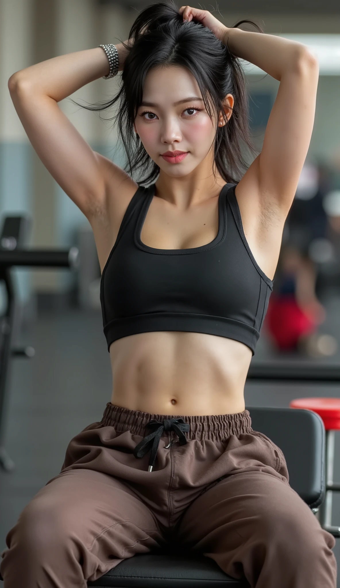 araffed woman taking a selfie in a dance studio, wearing a cropped black tank top, wearing a black cropped tank top, tight black tanktop, she is wearing a black tank top, crop top, black top, croptop, wearing crop top, wearing a sexy cropped top, tight black tank top and shorts, photo of slim girl model, wearing tank top