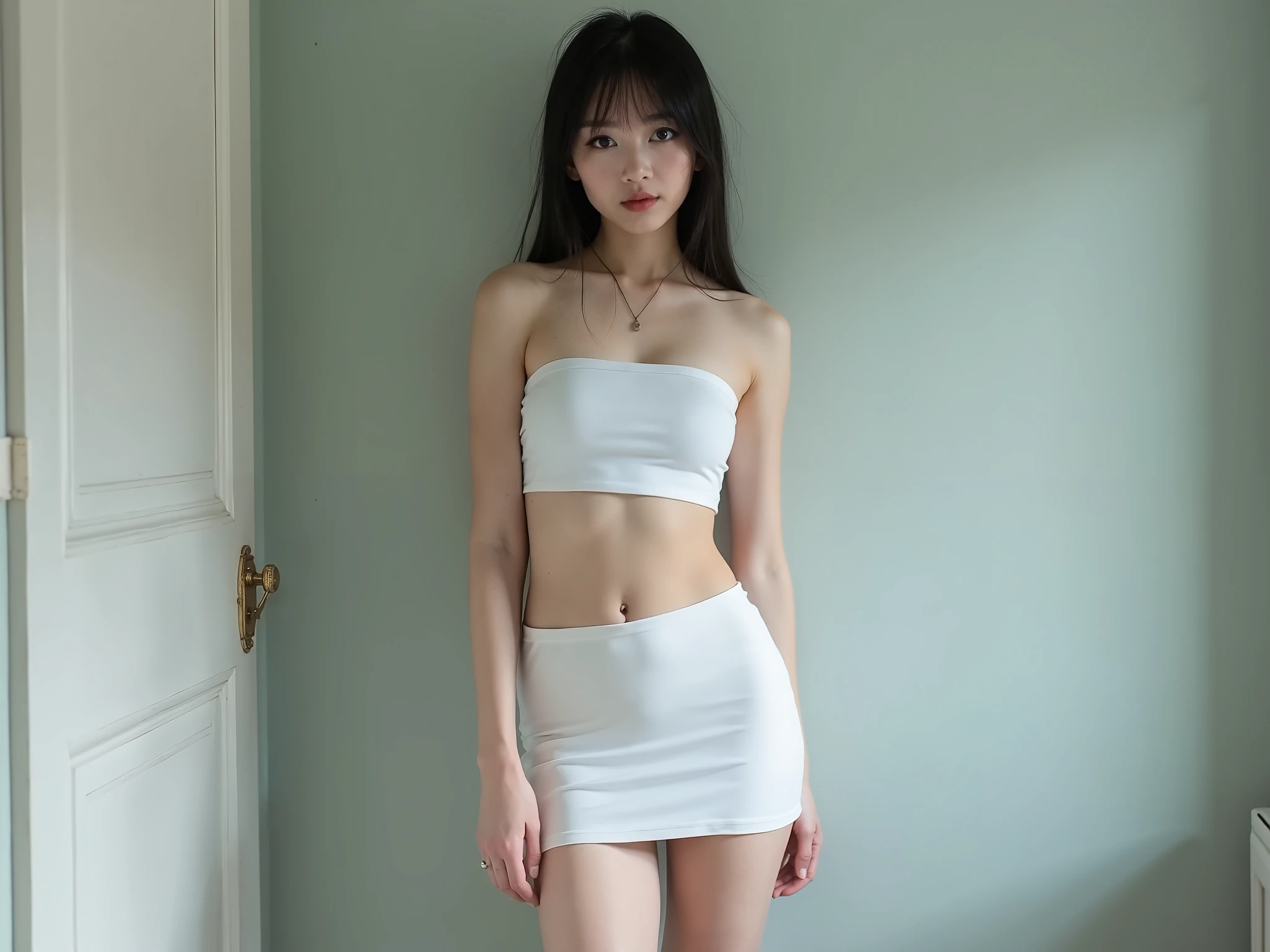 (masterpiece, best quality:1.2), lau,1girl, solo, slim body, skinny body, full body, black hair, choker, white slip, white bra,stockings, sexy, hot, beautiful, skinny legs, skinny arms, standing in room, 8k, from side, face closeup