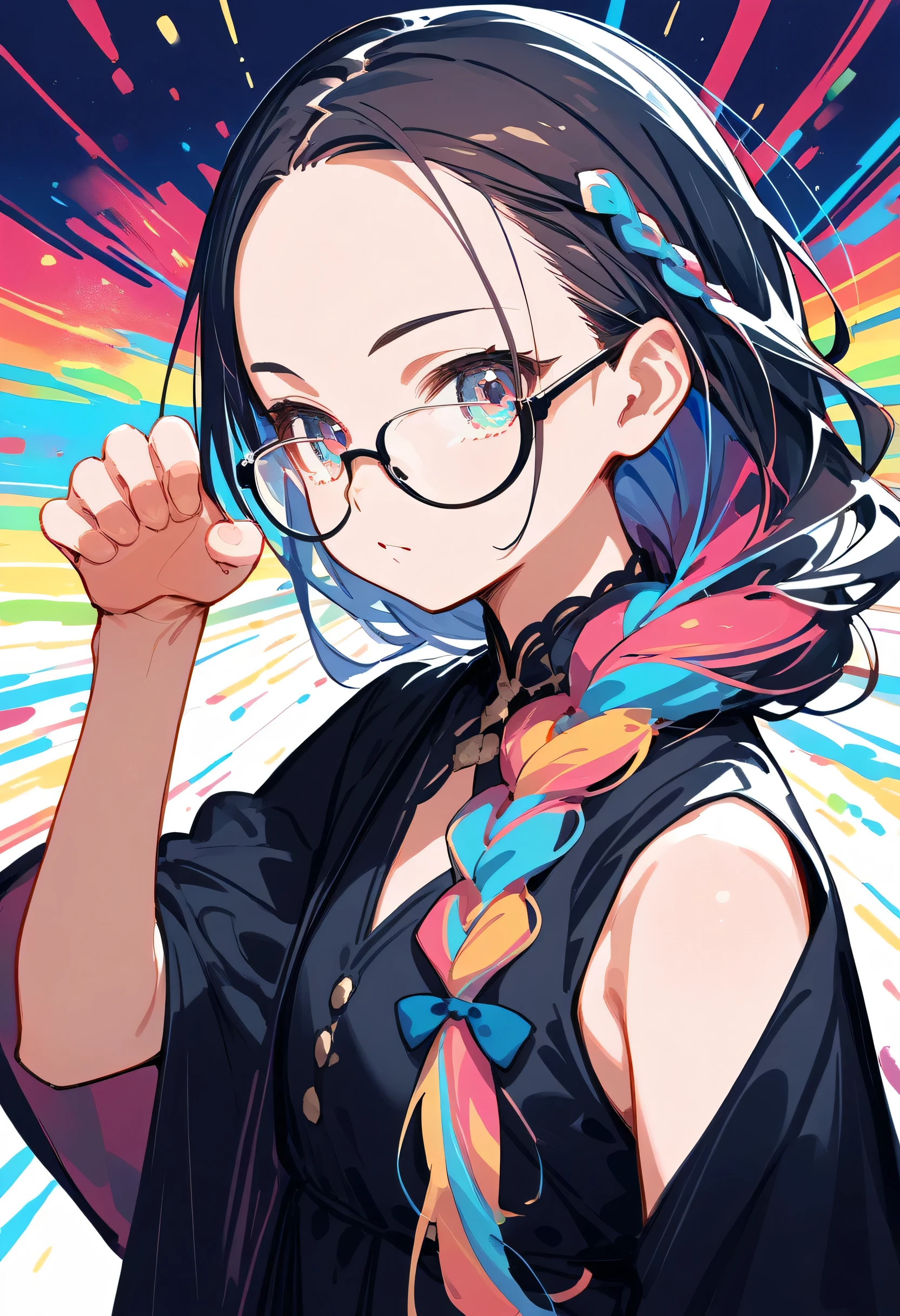 score_9, score_8_up , score_7_up ,source_anime, source_comic,source_illust, sideview,looking at viewer:1.3,1girl ,upperbody,black single braid hair,forehead,glasses,magical black robe,colorful kaleidoscope,paw pose, (manga style),(sketch),(illustration),