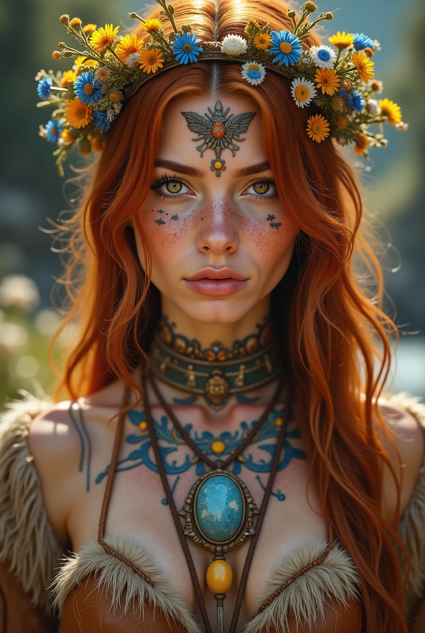 photorealism , high quality, high detail , (stone age ), Ukrainian woman, ukrainian woman , (chest of a very small size ) , woman warrior , long dark red hair , a wreath of yellow and blue wildflowers on the head, dressed in a rough piece of animal skin , primitive man , (body completely covered by ) leather with animal fur , around the neck rough untidy little pendant made of yellow and blue stone, bones and wood on a leather cord , dynamic lighting , in the background (river dnepr ) big hairy mammoths covered in fur grazing on shore, primitive humans , stone tools , in hand ( copio with a rough stone tip)