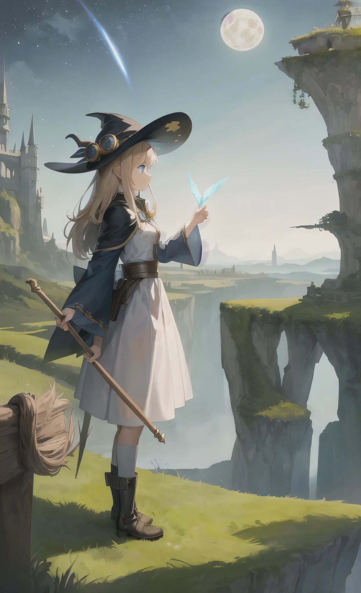 Anime girl with a wand and a hat standing on a cliff - SeaArt AI