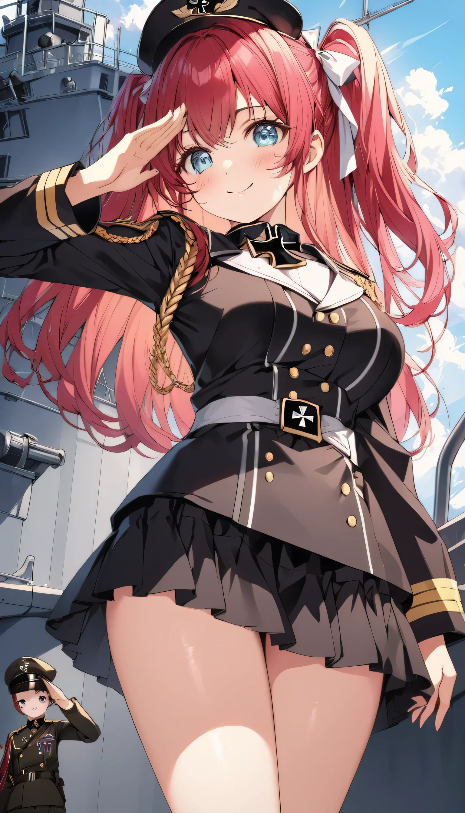 ((ultra-detailed)), (highly detailed CG illustration), (best quality:1.2), ultra-highly detailed, colorful composition, artistic photoshoot, 1girl, solo focus,  ((thigh to top:1.4)), ((cowboy shot:1.4)), moe anime character,  girl, dainty facial structure, (baby fand face), ((rounded chin:1.2)), ((ideal ratio body proportions)), celia-default, celia claire, (blue eyes), sparkle eyes, silver hair color, two side up, ((red hair ribbon)), ample breasts, ((German Navy military black uniform during World War II)), ((German Navy military black captain visor cap with gold decoration during World War II)), ((Iron Cross on neck with red and white stripes ribbon:1.4)), ((gold aiguillette)), ((salute with right hand:1.4)), ((standing on a warship:1.4)), beautiful detailed sky, best quality, masterpiece, from front, expecting, pink cheek, blush, light pink gloss slip, portrait, depth of field, soft lighting, sidelighting, (shine), lighting, caustics, ray tracing, smile, perfect face, lustrous skin, highly  detailed face, highly detailed eyes, perfect face, perfect nose, perfect hair, perfect eyes, perfect anatomy, beautiful hair, beautiful small face, extremely detailed face, beautiful detailed eyes, beautiful clavicle, beautiful body, beautiful huge breasts, leavage, breasts squeezed together, equalize the size of the left and right breasts, beautiful thin thighs,  beautiful legs, beautiful fingers, 4 fingers, 1 thumb, lovely, (very detailed background:1.0), (highly detailed background:1.0), spring aesthetic, intricate details, Tight atmosphere, spring colors palette, chromatic aberration