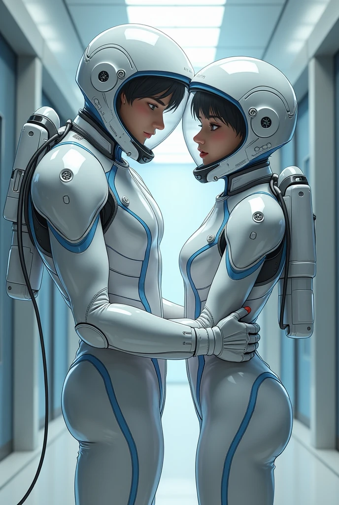 Two women, an Asian astronaut in her space suit and a British freediver with her hair tied in a bun in her white neoprene suit, together hugging and about to kiss lovingly.