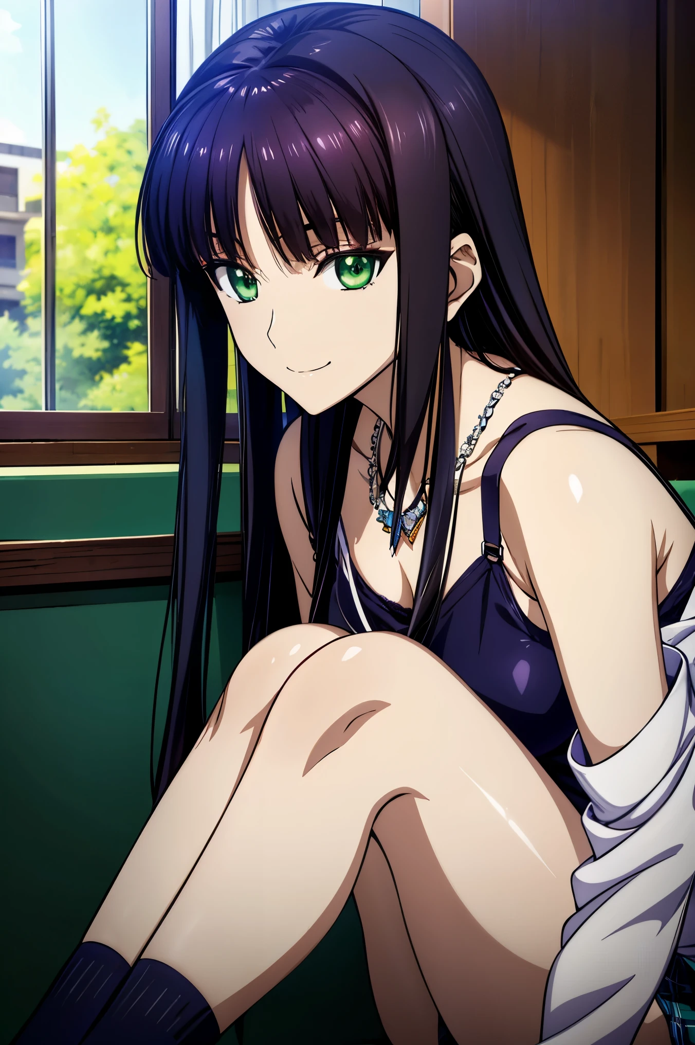 最 High Quality , focus on face , Soft light, 超 high resolution, 長い purple hairをしたアニメの女の子, Kasori Misato, Another Iwakura, close up Another Iwakura, Beautiful anime high school students , attractive anime girl , Official Anime Scene Pictures , Cute Anime Girl Visuals , close up of Another Iwakura, Official Art, Official Studio Anime Still Images , anime best girl , green eyes, Jewel Eyes ,Makima ( Chainsaw Man),Scathach ( destiny / Grand Order Required ),Reika Shimodaira , There is nothing there, Very Delicate and Beautiful CG Illustration ,最 High Quality , realistic texture ,Realistic Fabric, realistic texture , beautiful thighs, Big Chest in a Temple 、 constrained ,(((Masterpiece))), ((( 最 High Quality ))),8k,32K,Masterpiece, Big Ring Earrings , Ultra-fine, 超 Details , kampala , HYPERREAL SCHOOL GIRL ,Perm setter , 最 High Quality , High Quality , high resolution , High Quality のテクスチャ, High Quality な影, 高 Details, Details ,1 personの少女,Alone,I, The Only Thing ,Alone,1 person,Taki, ADULT BIB ,Leg length, beautiful long legs ,8 heads,:171cm, mature girl , purple hair,紫色 purple hair, attractive anime girl , colorful hair, Straight Hair,smile, smiles happily , Fun to play with ! Vivid Expression ,かわいいsmile,Cool Beauty, beautiful woman, beautiful faces, Beautiful realism, provocative expression , Open V Outfit , beautiful hair,彼女は首に necklace 身に着けています, necklace ,ビーズの necklace ,Magatama Accessories,smile, colorful eyes , green eyes,Jade green eyes, beautiful eyes,bright eyes, beautiful eyes, Jewel Eyes ,Jade Eyes,Droopy eyes,( green eyes:1.5), charming face, The viewers , Mysterious Atmosphere , School building,,classroom,smile,School Shirt, white button shirt, white shirt , Thailand, plaid skirt , blue mini skirt, black socks, Sleeveless High Neck Top for viewers who place their hands behind the ground , underwear,bag, 非常に DetailsなCG ,classroom,Sitting on chair,chair, 複雑な Details ,目 beautiful eyes,(( beautiful ring-shaped light ,punch ,classroomの机, is sitting、 cross your legs ,student,high school student, sunlight shining through a window , daytime,studentが使用する机とchair, natural Soft light , The viewers ,背景をclassroom,Japanese School,( cross your legs), School building,high school student,