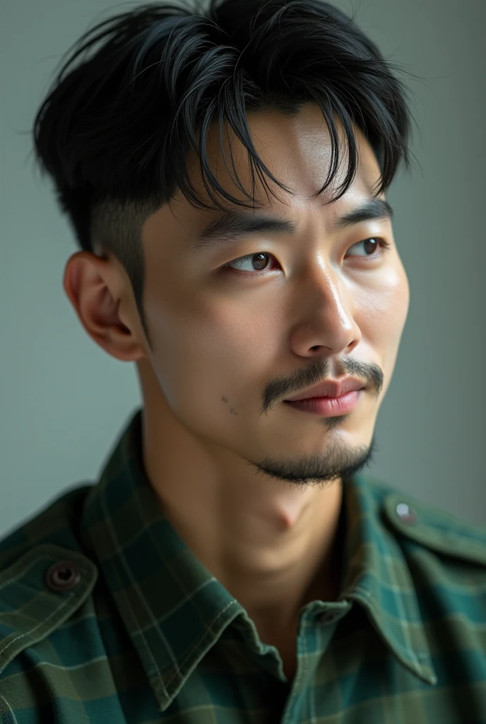 Korean handsome man wearing green flannel shirt, looking aside, faint smile, military short hair, wet hairy look, thin/ smooth goatee, clean, white skin, age 30