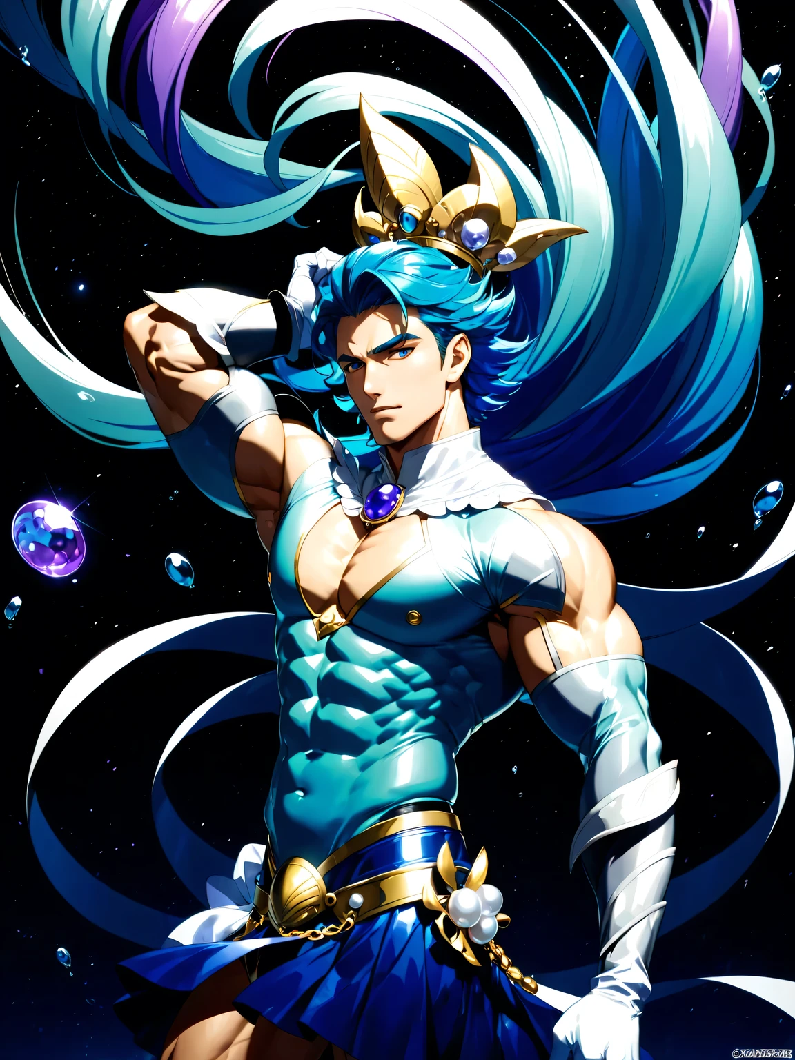 score 9 , score 8 up, score 7 up, source anime, masterpiece,  best quality ,  high resolution, anime coloring, 1boy , Close up of an anime male character with blue hair, beefcake pose, Beautiful Celestial Mage, shell, pearl, jewelry,  hair ornament, sea warrior, Aura of water, Heavenly Aura, sea aura, Alone, purple cyan long haired boy , high ponytail hair, multicolored hair, two tone hair, streaked hair, gradient hair, Braided bangs, eyelashes, thick eyebrows, hair flip, shell crown,  Knight of Zodiac Boy , shell  hair ornament, Sparkling Magical Boy,  royal elegant pose, anime man in a blue bikini dress , Anime man in a belly-baring costume, Anime Prince,  Pale Arm Warmers , white gloves, white knee boots, white detached sleeves, white high heels, Blue Crop Top Dress , bikini top with an blue,  muscular man , crop top with an blue,  Blue Miniskirt, bikini top with an triangle,  Blue Flare Skirt , layerd skirt, A magical aura around him, Masculine and muscular, Portrait of Zodiac Boy Knight, feminine male, Magical Glossy Skin, latex material, slender body, at night!!, purple latex, light blue latex, two tone latex, multicolored latex,  male focus, Bare legs, Bare thighs, beefcake style, midriff, navel, abs, covered pectoralis major, stomach, biceps, triceps,  muscular man , (manly:1.7), (male body:1.7), (manly face:1,65),
