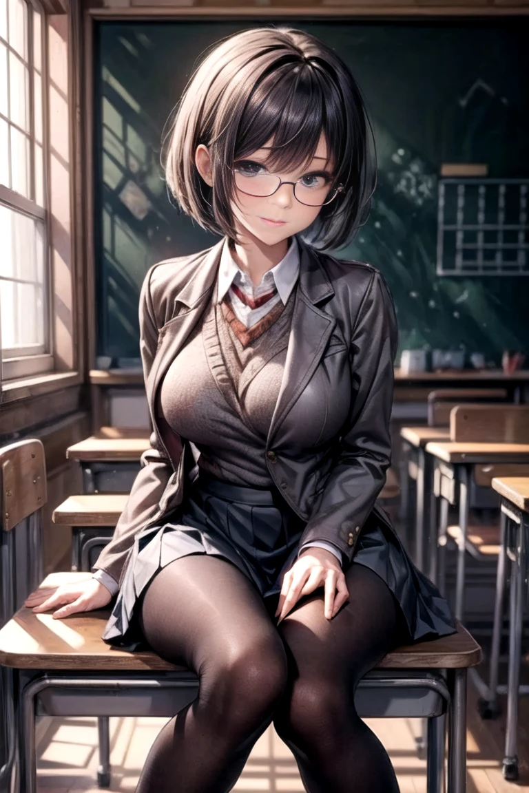 NSFW, (Official art、Best Quality、Unity 8k Wallpapers、32K、masterpiece、ultra-detailliert、super high resolution、realisitic、Photorealsitic:1.2)、(natural soft light:1.2)、Fireglow effect、film grains、Best Shadows、side lights、sideshot、(Ultra-detailed and complex 3D rendering)、Detailed beautiful face and eyes、Sharp pupils、Realistic pupiliddlebreasts、Smile、high-heels、Woman in skirt and shirt sitting on desk, Office Clothes, on desk, Sit on a desk, Sitting on a desk,bent at the knees、Opening legs、open one's legs、pantie shot、 wearing business casual dress, A sexy、business clothes, In the office, wearing a suit and glasses, Fully dressed, business outfit, embarrassed from, A slight smil、Business attire、cleavage of the breast、A sexy、
