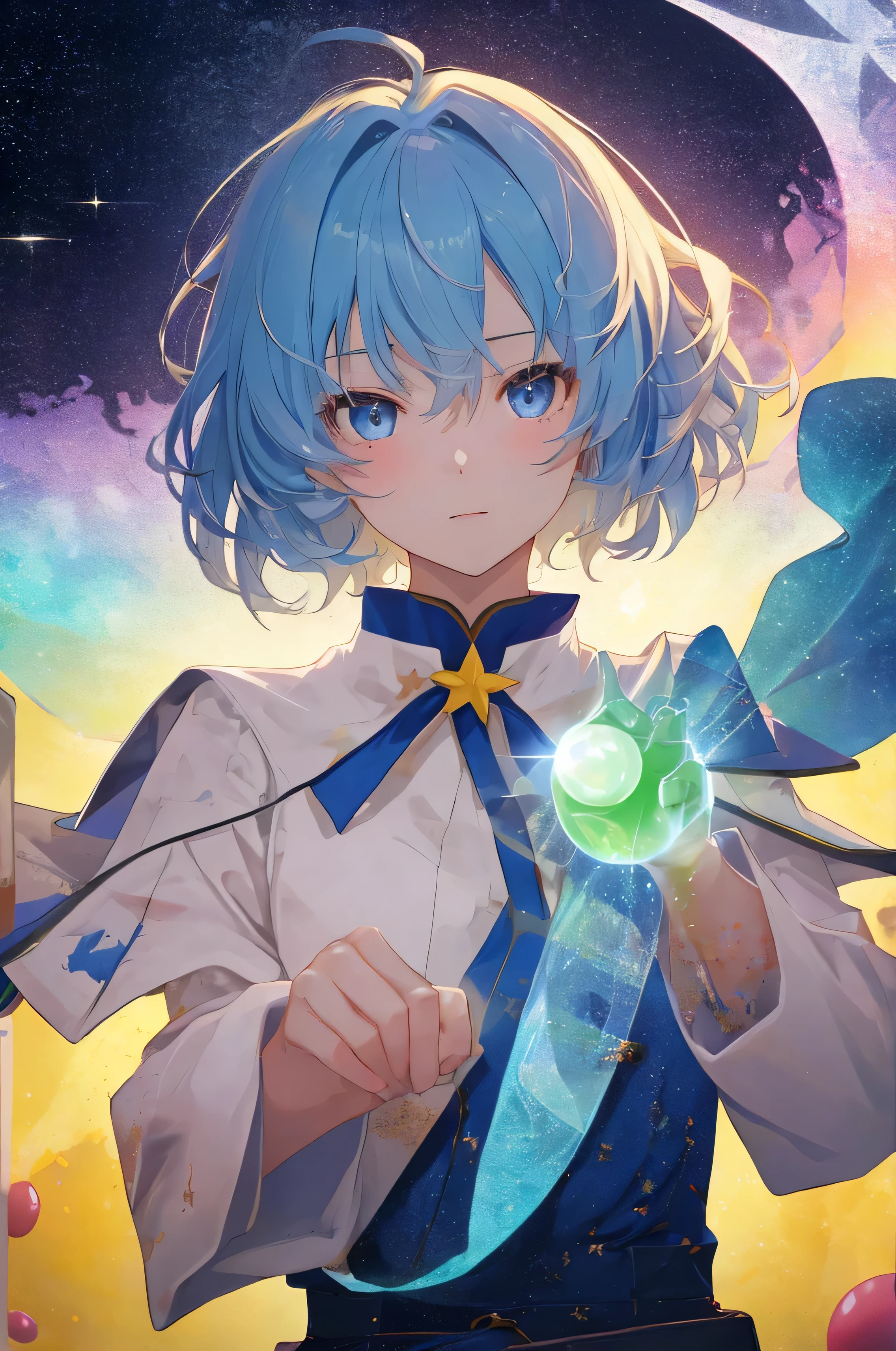 girl 、20th Generation、 short hair、 blue hair tips 、Sparkling hair 、 gradient、Hair is 、 humble face、darts、star、Brilliance、 upper body、 reach out、 humble face、 slender、anime、 minimalist、 Proximity Method、refer to5本、Masterpiece, best quality , Movie stills, 1人の girl , floating in the sky, fun, soft lighting , volumetric lighting , Bauhaus, shape, OK, Abstract、refer to、 sideways