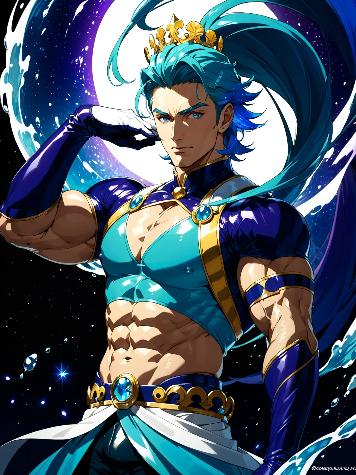 score 9 , score 8 up, score 7 up, source anime, masterpiece, best quality , high resolution, anime coloring, 1boy , Close up of an anime male character with blue hair, beefcake pose, Beautiful Celestial Mage, shell, pearl, jewelry, hair ornament, sea warrior, Aura of water, Heavenly Aura, sea aura, Alone, purple cyan long haired boy , high ponytail hair, multicolored hair, two tone hair, streaked hair, gradient hair, Braided bangs, eyelashes, thick eyebrows, hair flip, shell crown, Knight of Zodiac Boy , shell hair ornament, Sparkling Magical Boy, royal elegant pose, anime man in a blue bikini dress , Anime man in a belly-baring costume, Anime Prince, Pale Arm Warmers , white gloves, white knee boots, white detached sleeves, white high heels, Blue Crop Top Dress , bikini top with an blue, muscular man , crop top with an blue, Blue Miniskirt, bikini top with an triangle, Blue Flare Skirt , layerd skirt, A magical aura around him, Masculine and muscular, Portrait of Zodiac Boy Knight, feminine male, Magical Glossy Skin, latex material, slender body, at night!!, purple latex, light blue latex, two tone latex, multicolored latex, male focus, Bare legs, Bare thighs, beefcake style, midriff, navel, abs, covered pectoralis major, stomach, biceps, triceps, muscular man , (manly:1.7), (male body:1.7), (manly face:1,65),