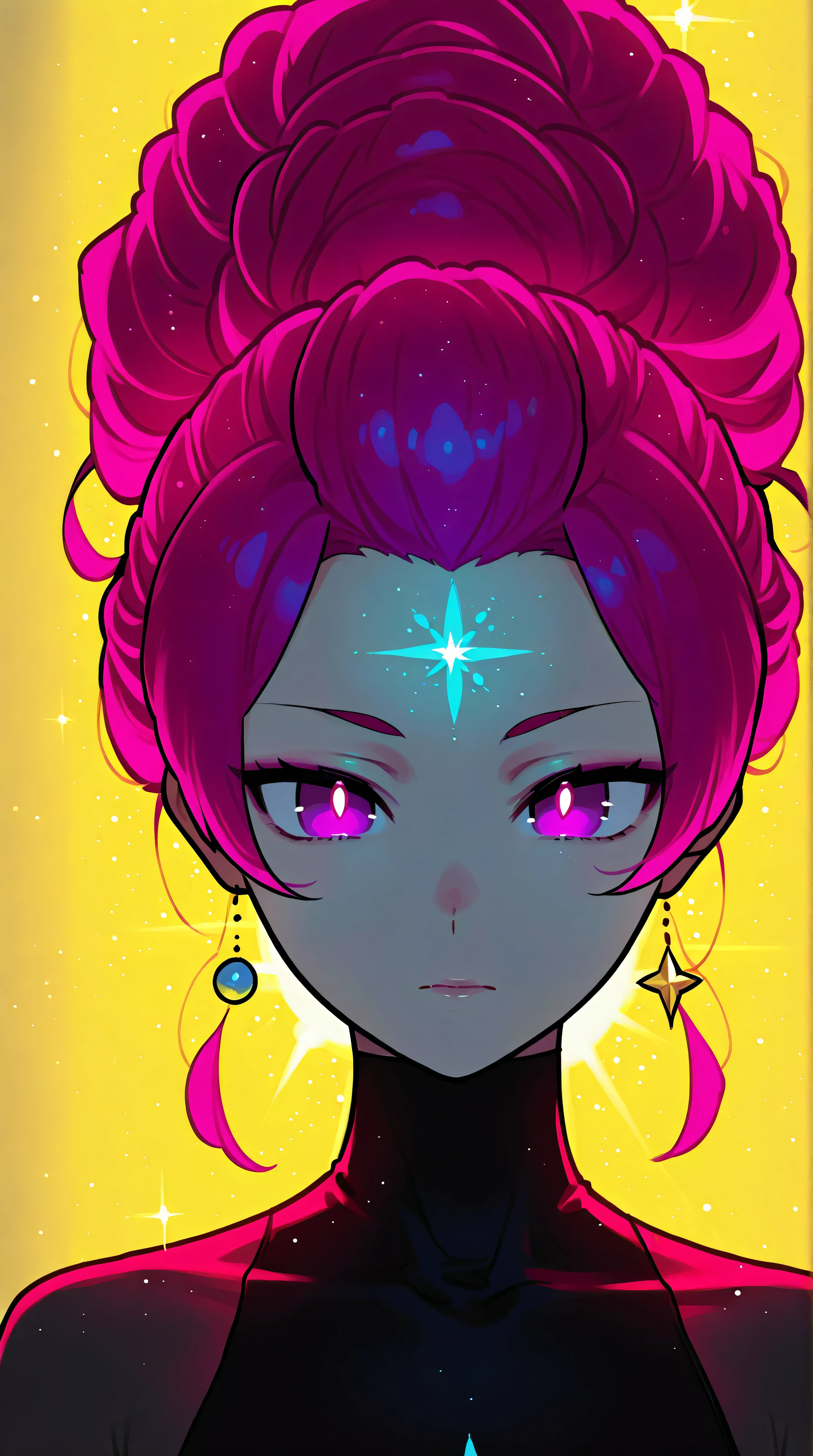 Crimson updo, purple eyes, metallic gold background, backlit, luminescence, ethereal, anime, manga, sexy, sparkles, Glitter Dust, dynamic shadows, masterpiece, bright colors, Shimmers, clear details, looking at viewer, straight on,