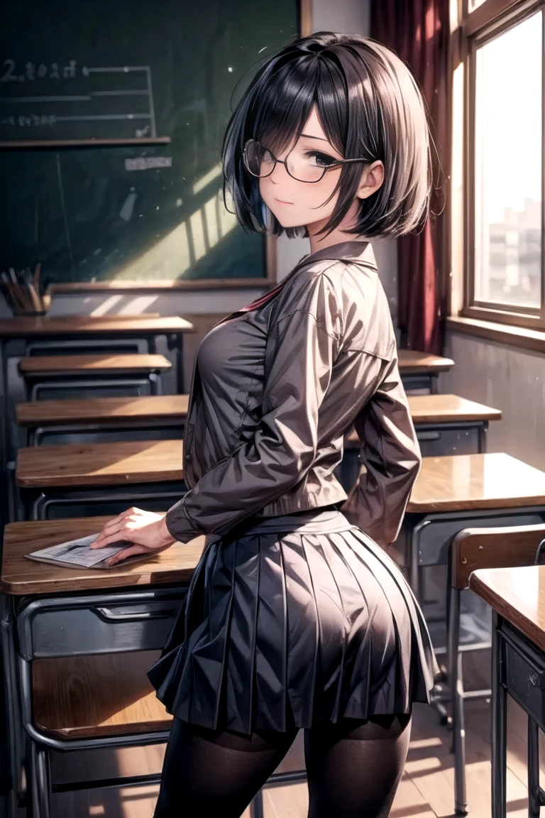 Ultra High Resolution, UHD, absurderes, RAW photo, Masterpiece, Best Quality, 8K, ultra-photorealistic, (1 girl), intricate details, ultra-detailed, detailed face, detailed body, dramatic lighting, beautiful lighting, standing up, blushing, smile, green eyes, gorgeous eyes, short hair, bob hair, bangs, black choker, topless, exposed breasts, (black hair), (black pleated mini skirt), classroom, gorgeous face, gorgeous girl, large breasts, pink nipples, dark skin, hourglass body, gorgeous body, back view, lifting skirt, thong panties, vivid colors, full body view, sharp focus
