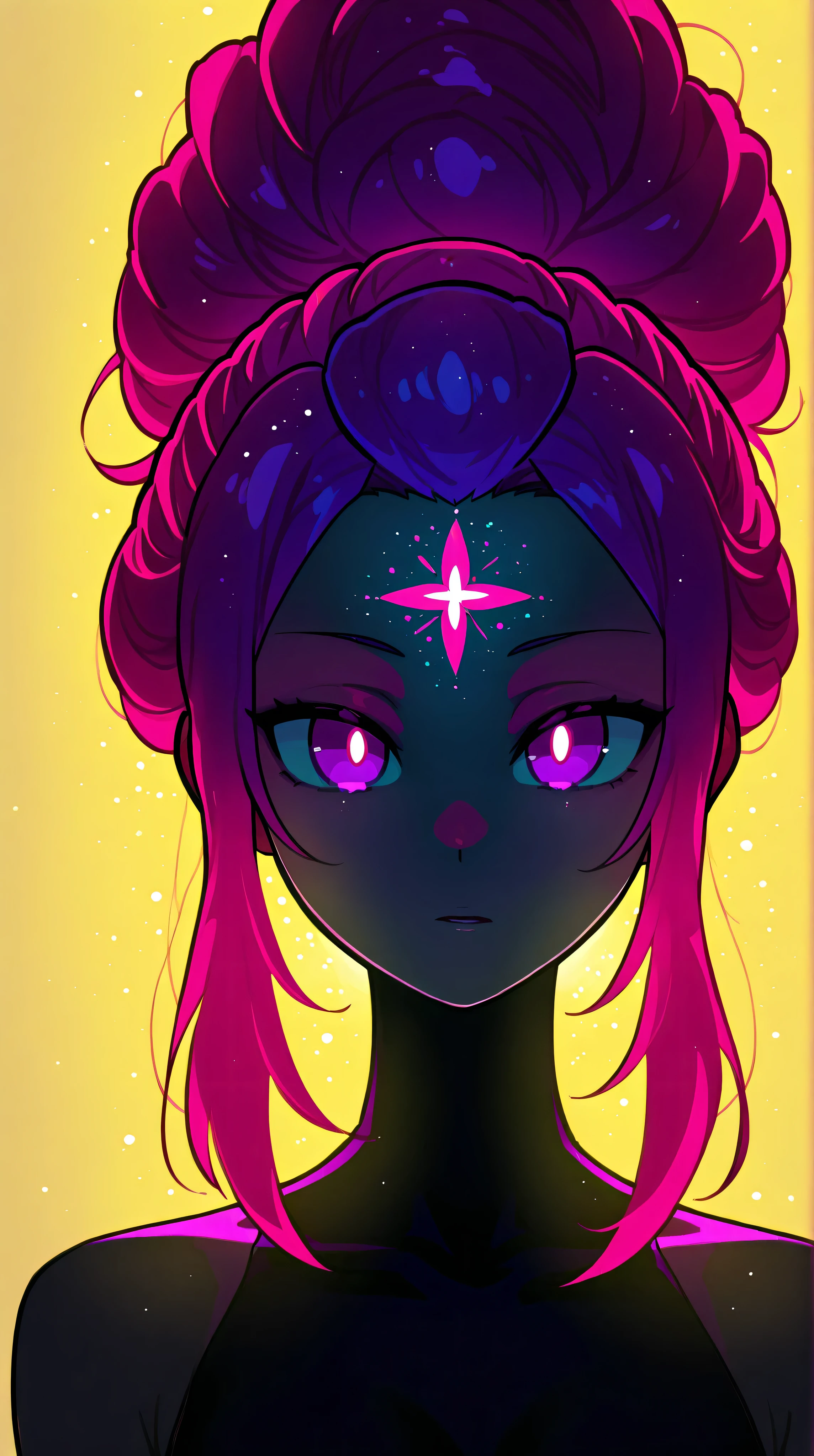 Crimson updo, purple eyes, metallic gold background, backlit, luminescence, ethereal, anime, manga, sexy, sparkles,  Glitter Dust, dynamic shadows, masterpiece, bright colors, Shimmers, clear details, looking at viewer, straight on, 
